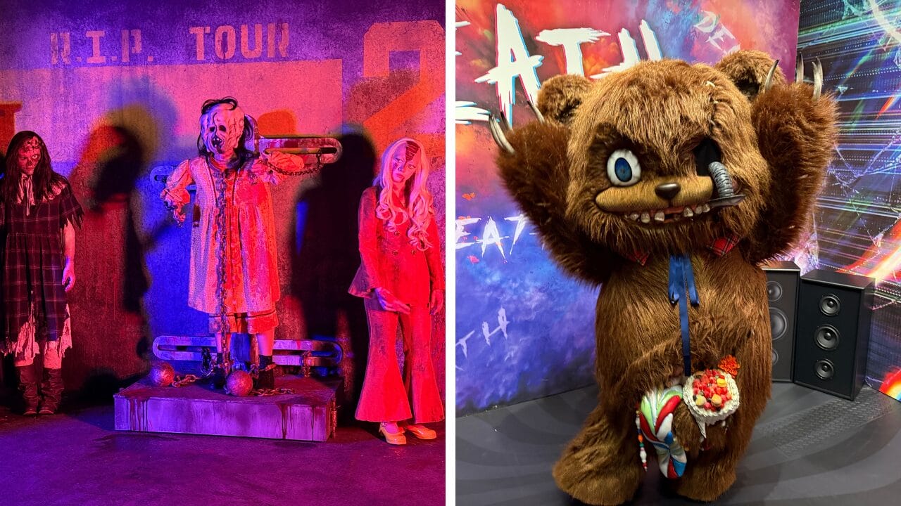 Left: Three zombies in creepy costumes on a stage. Right: Bear mascot with one eye, smiling, holding a popcorn bucket.