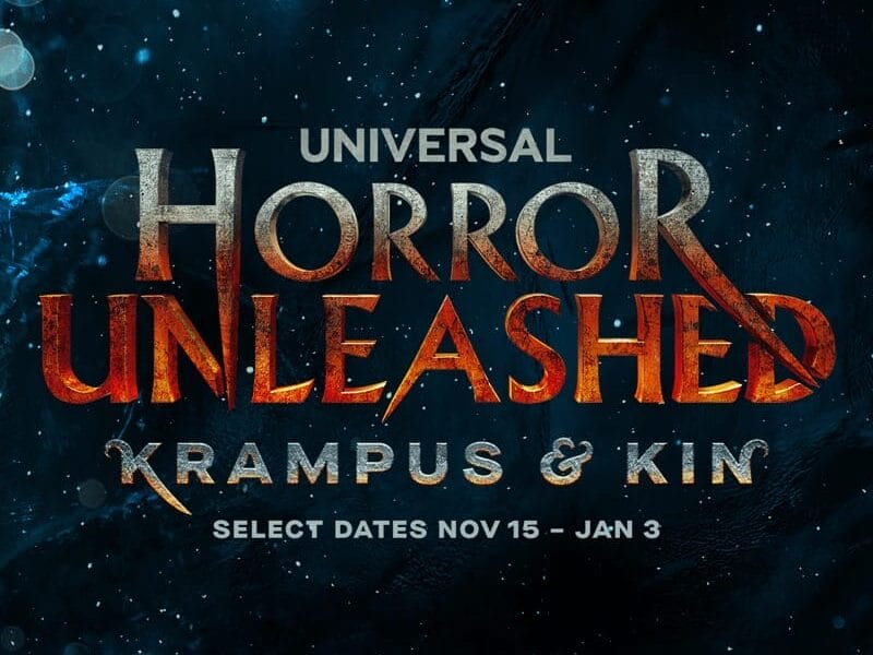 Universal Horror Unleashed: Krampus & Kin Holiday Overlay, select dates Nov 15–Jan 3, on a dark, starry background.