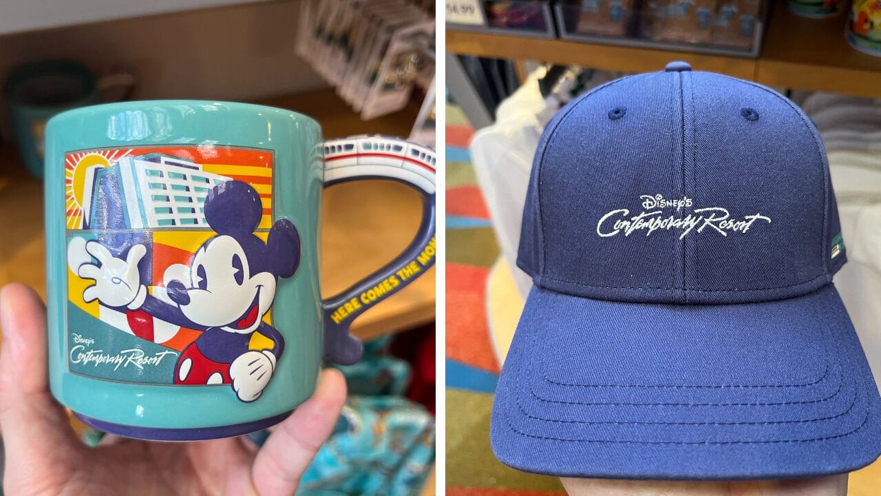 Mug with Mickey Mouse and Contemporary Resort art, next to a blue Monorail Collection logo hat on display.