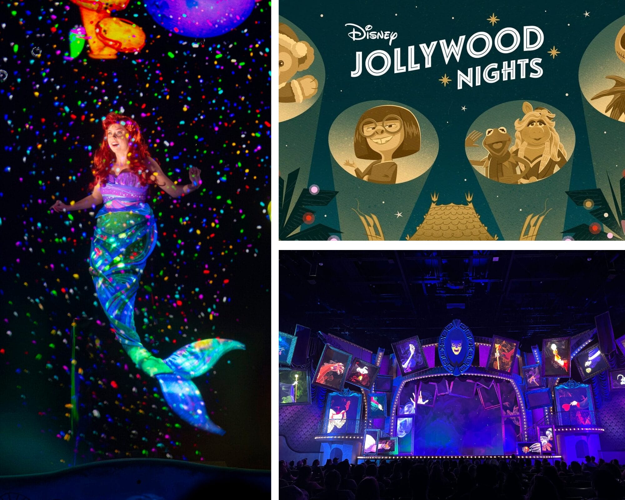 Collage: Ariel performing, a Disney Jollywood Nights sign, and a colorful stage with screens and Disney Villains puppets.