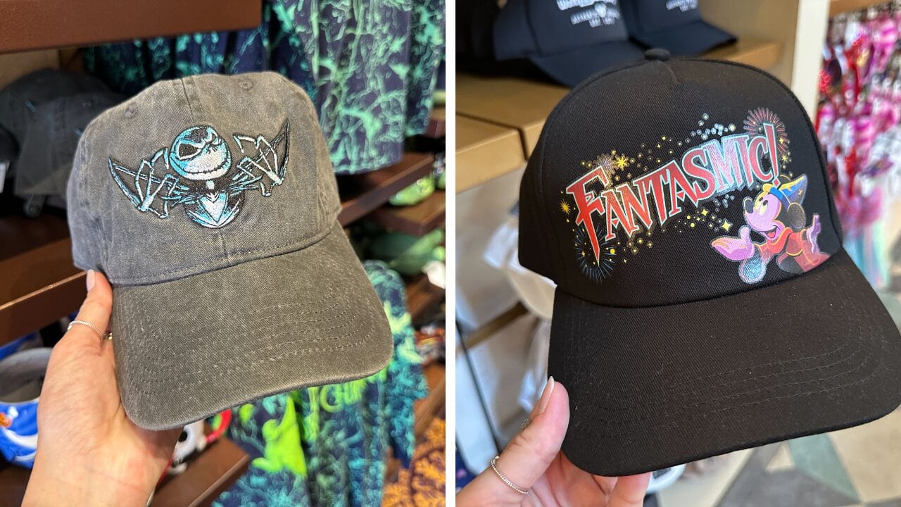 New caps from Disney's Hollywood Studios: Gray Jack Skellington cap and black "Fantasmic!" Mickey wizard hat.