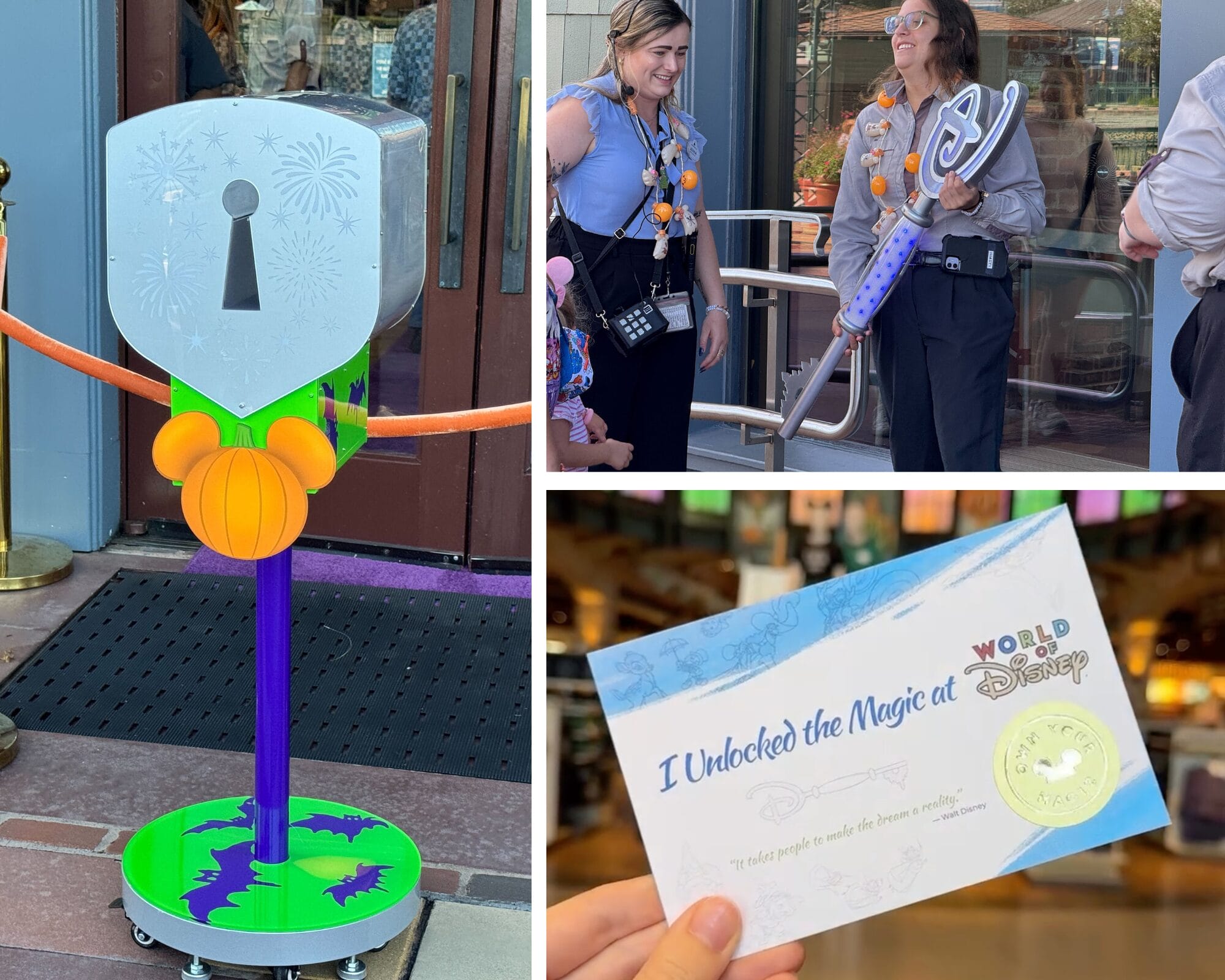 A Disney Springs key station with staff and a giant key, plus a certificate from the World of Disney Opening Ceremony.