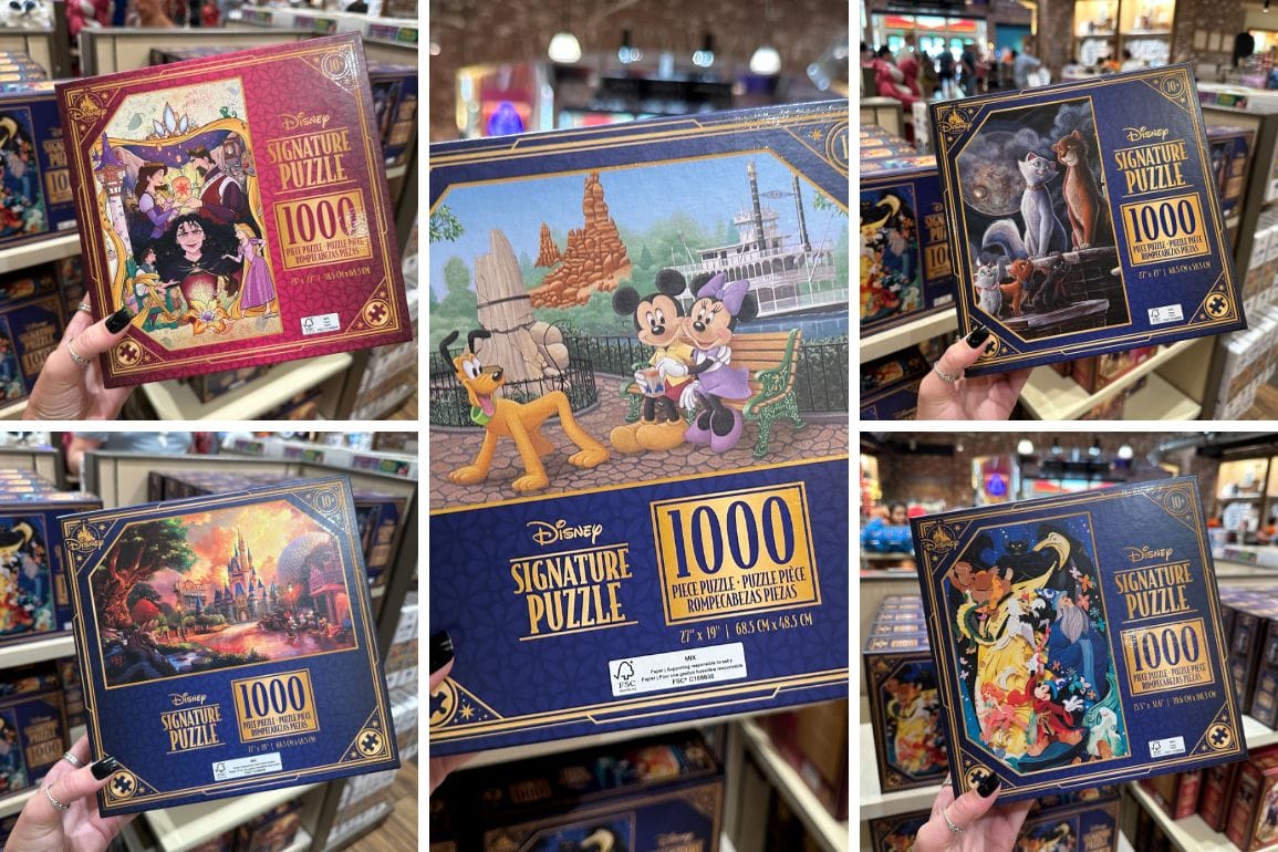 Collage of hands holding Disney puzzles, each with 1000 pieces and illustrations like the Liberty Belle Riverboat.