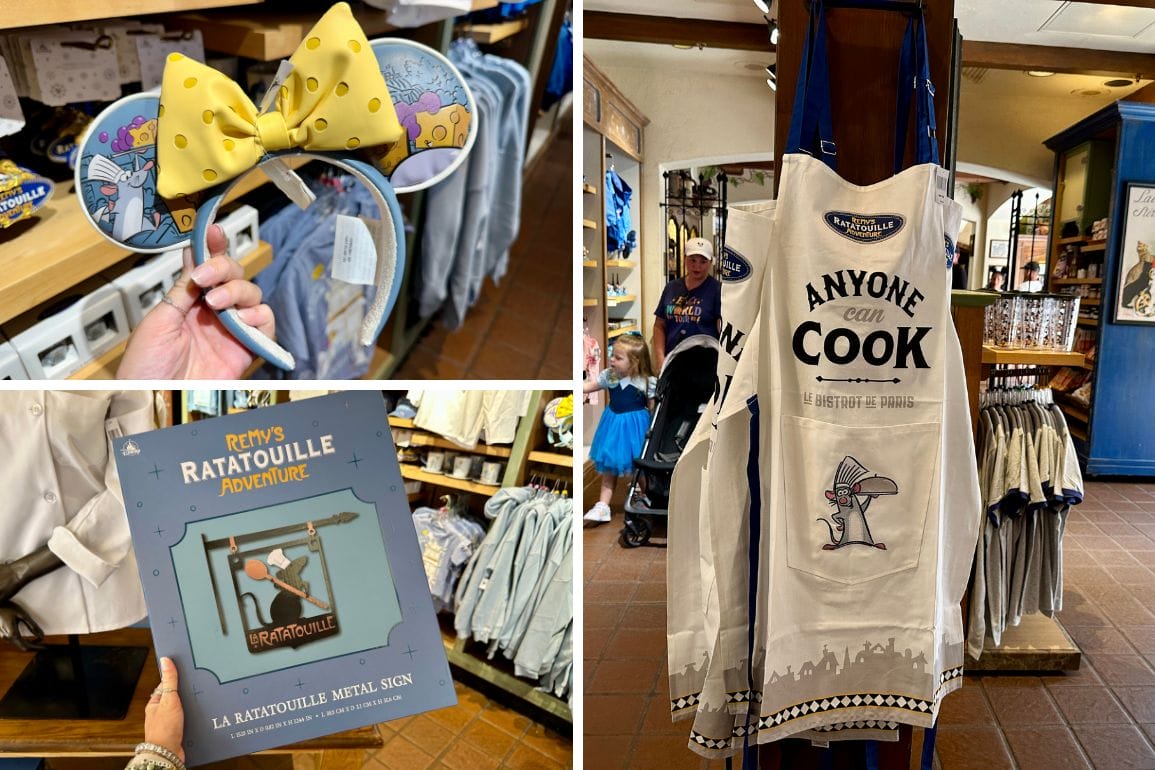 Collage of Remy’s Ratatouille Adventure merchandise at EPCOT, including mouse ears, metal sign, and apron with Remy designs.
