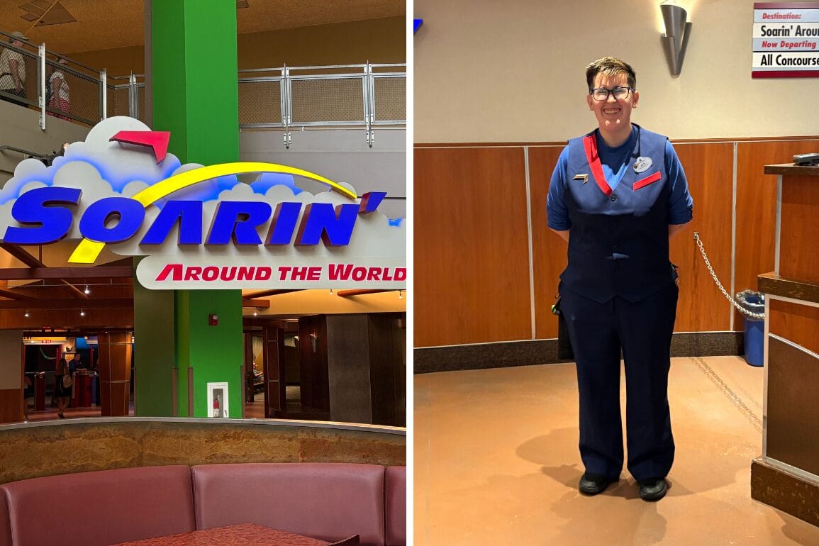 Left: Soarin’ Around the World sign; Right: Theme park staff member in uniform standing and smiling indoors.
