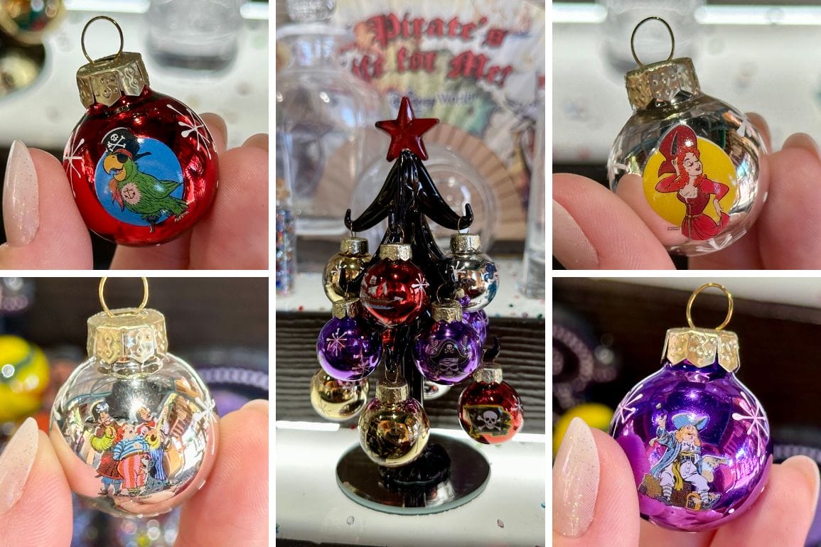 Five close-up shots of small, colorful pirate-themed ornaments, inspired by Magic Kingdom, centered around a mini tree display.