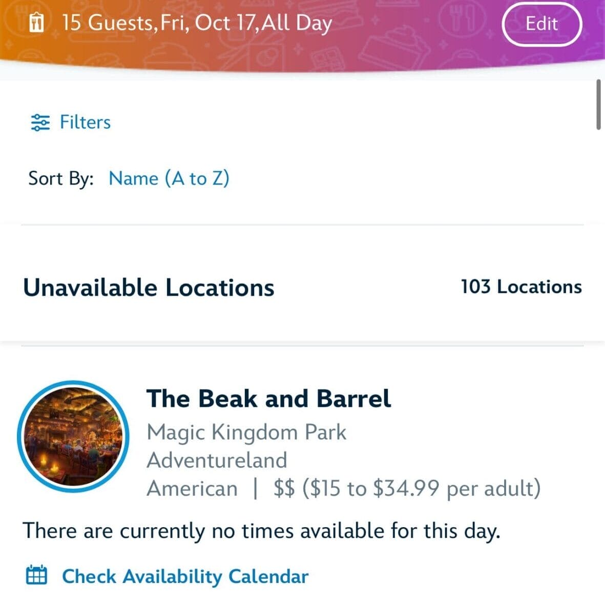 Mobile screen showing guest limit restrictions; no reservations available for Beak and Barrel at Disney parks.