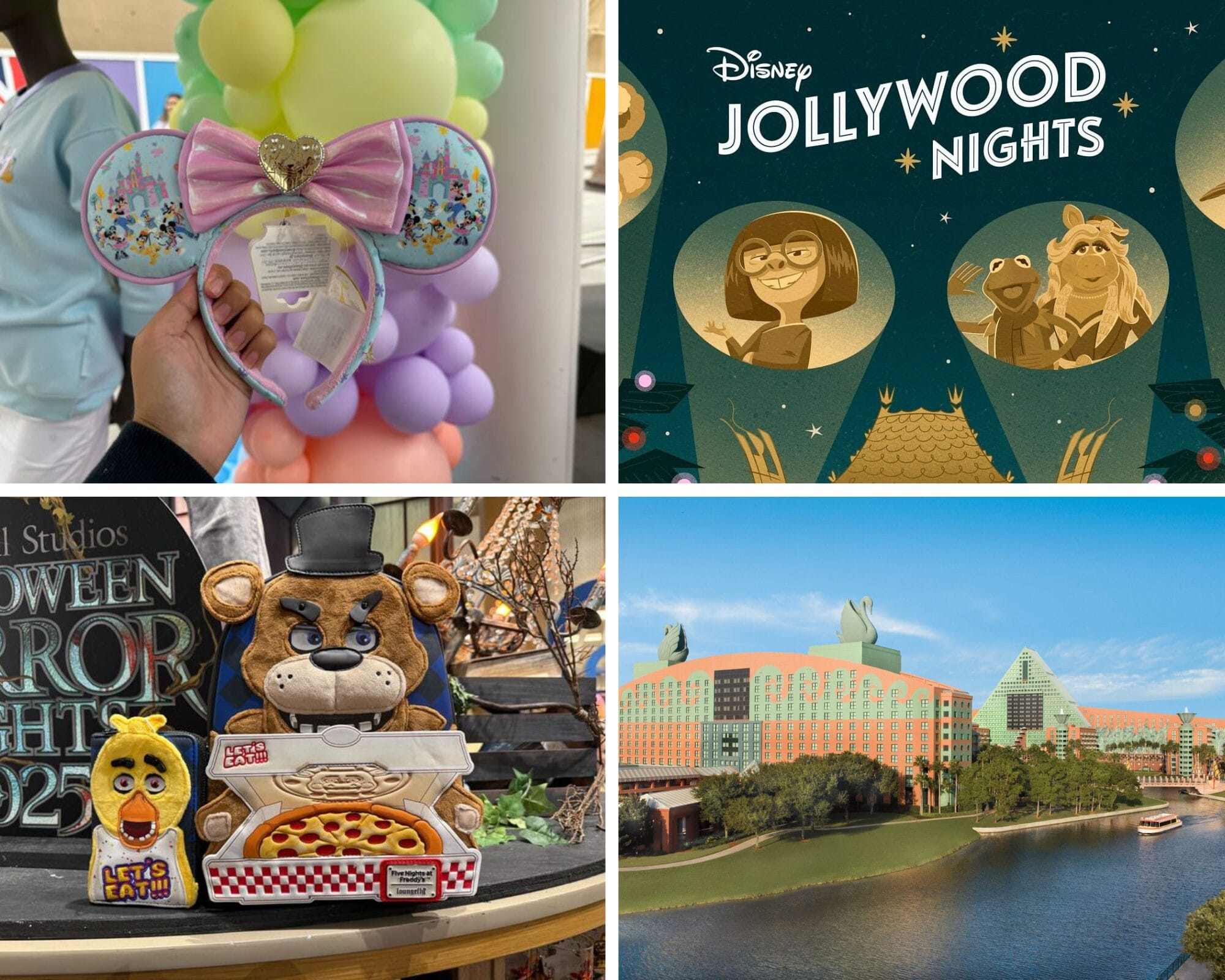 A Daily Recap collage with pastel Mickey ears, a JollyWood Nights poster, Halloween treats, and a waterfront hotel.