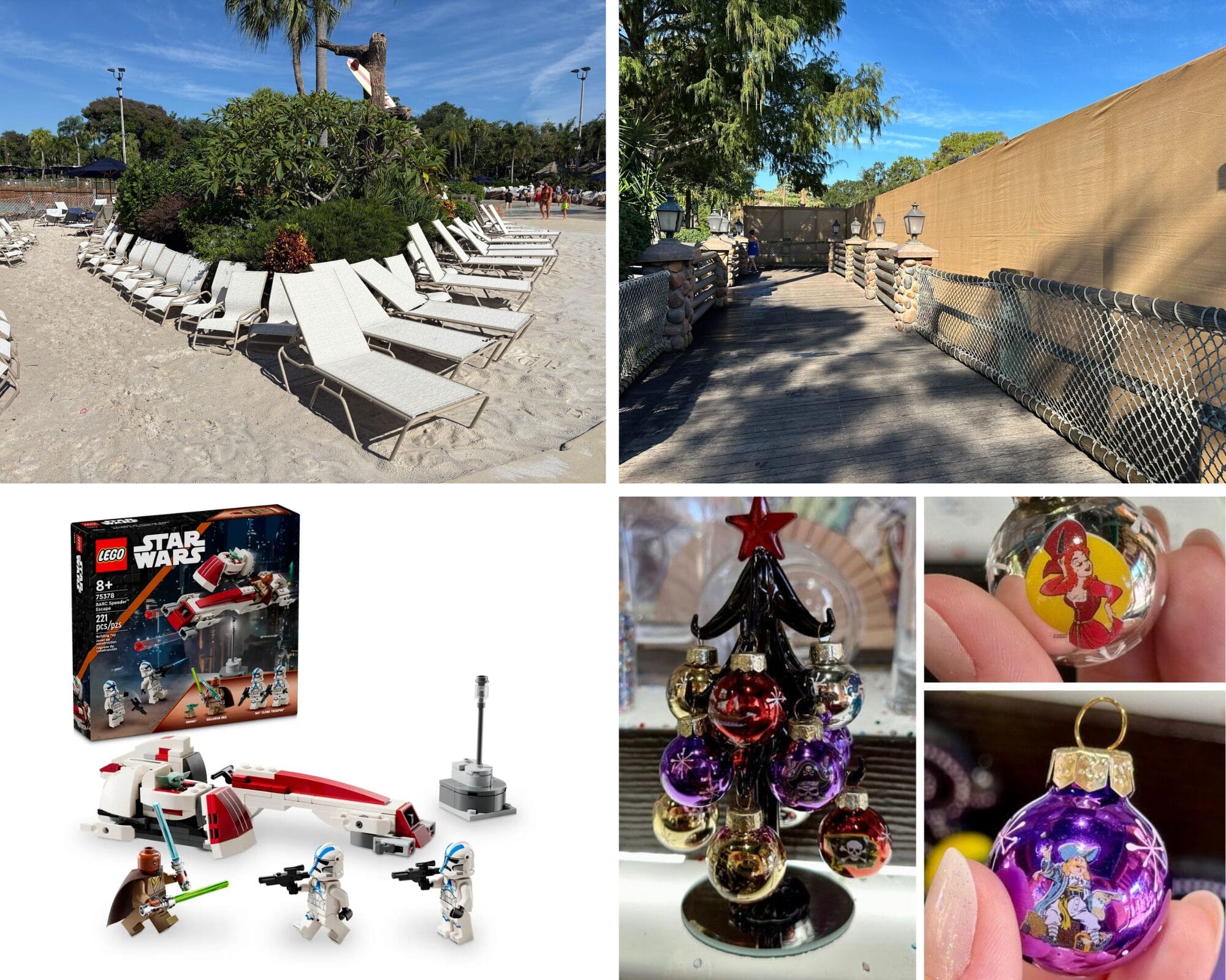 Daily Recap: A collage with a beach scene, a walkway, a LEGO Star Wars set, and Disney-themed Christmas ornaments.