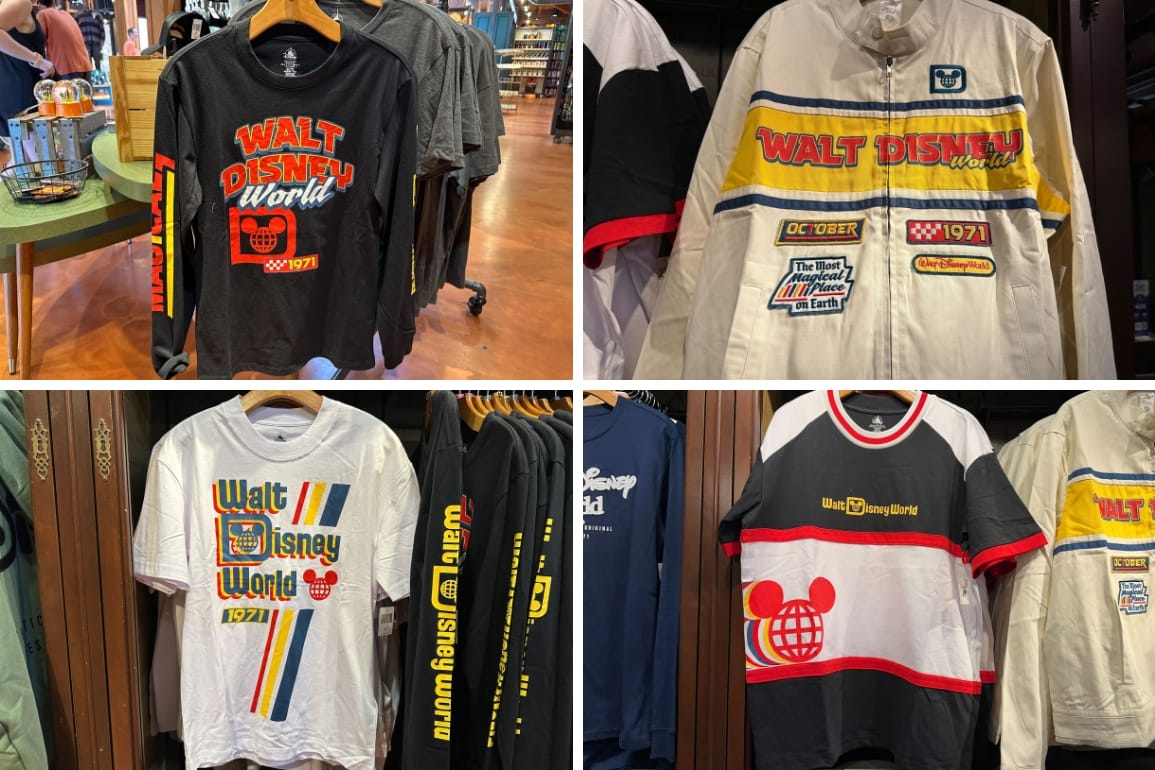 Four retro-style Walt Disney World Racing Collection shirts and a jacket with colorful 1971 logos displayed in a store.