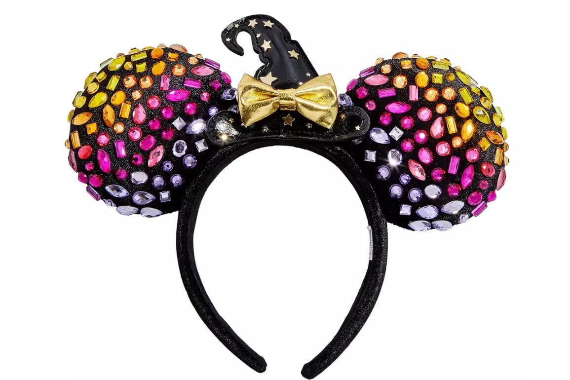 Black Minnie Mouse Ears headband with jeweled Baublebar accents, wizard hat, and a gold bow center.
