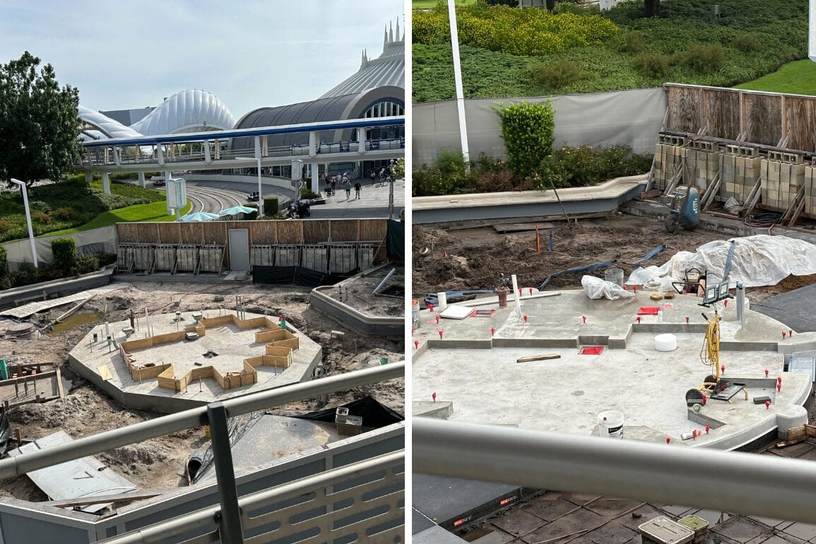 Side-by-side photos show construction progress on a circular concrete pad near walkways and Cool Ship in Magic Kingdom.