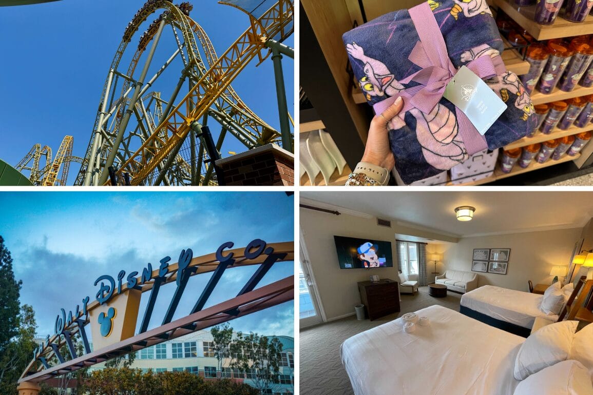 A daily recap collage with a rollercoaster, Disney blanket, Walt Disney Co. sign, and a hotel room with two beds.