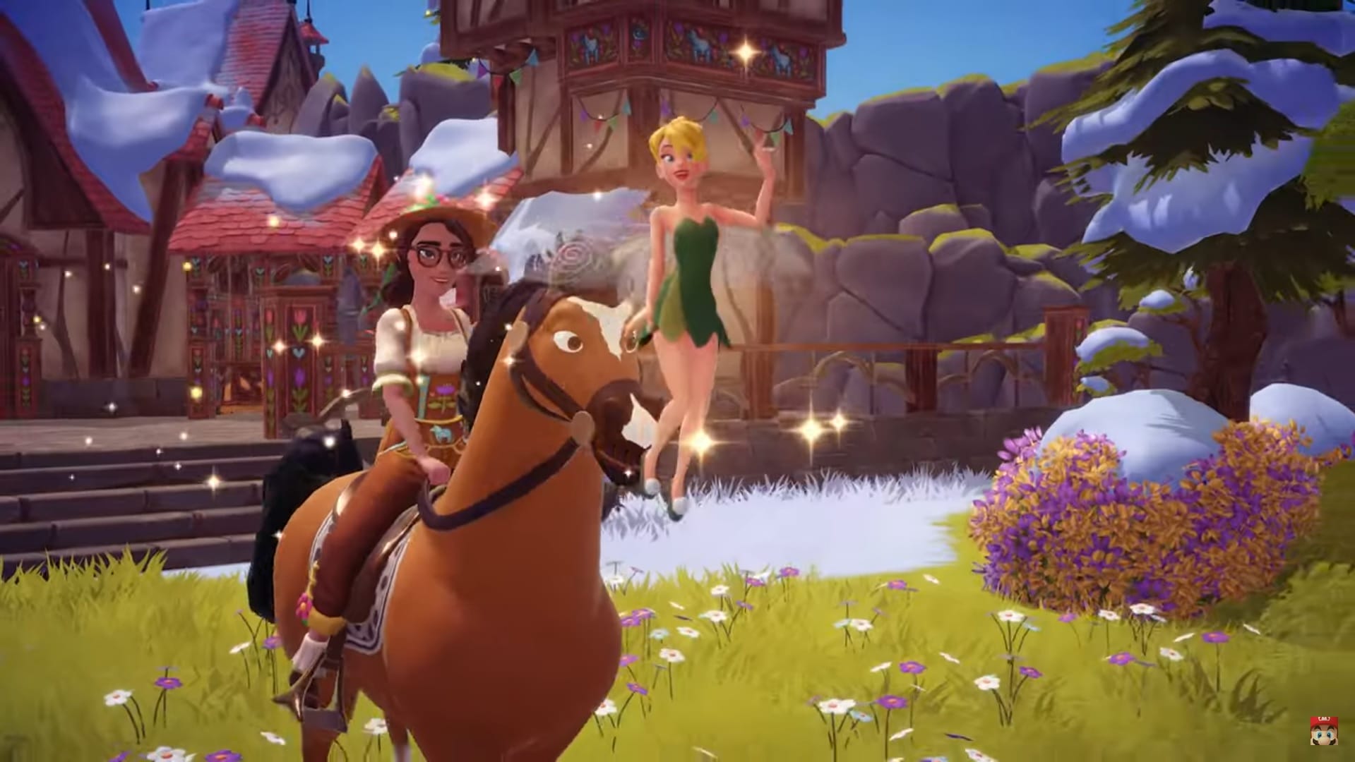 A woman rides a brown horse with Tinkerbell amidst the Alpine landscape of Wishblossom Ranch in Disney Dreamlight Valley.