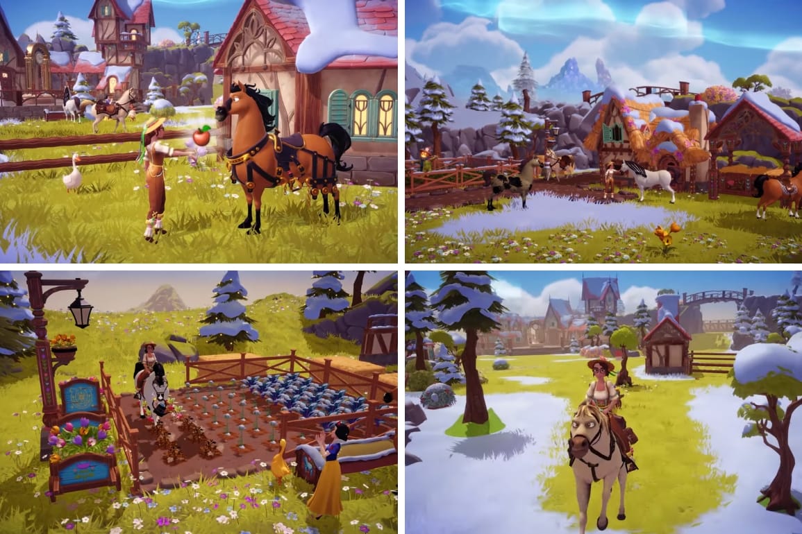 Four scenes from Disney Dreamlight Valley Wishblossom Ranch: riding, gardening, and tending horses in Alpine scenery.