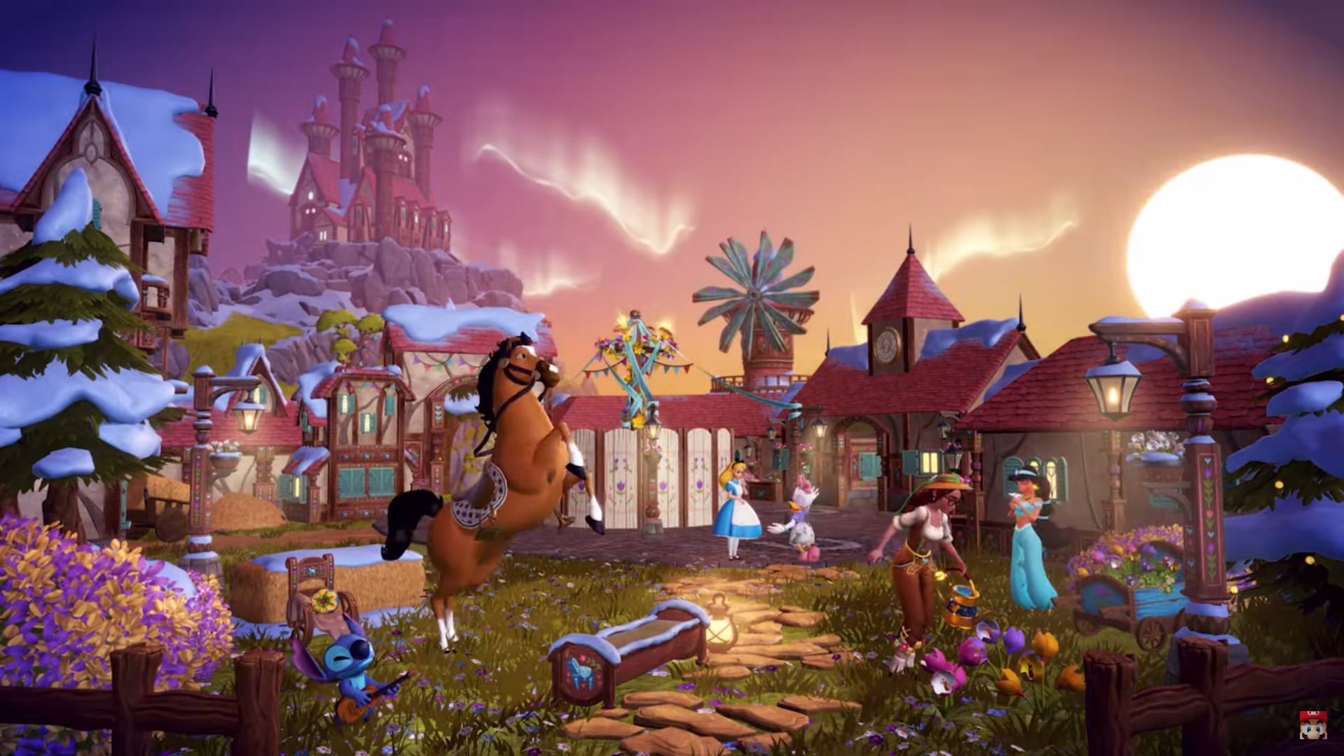 Windblossom Ranch at sunset with various Disney characters and horses in the Disney Dreamlight Valley: Wishblossom Ranch expansion.