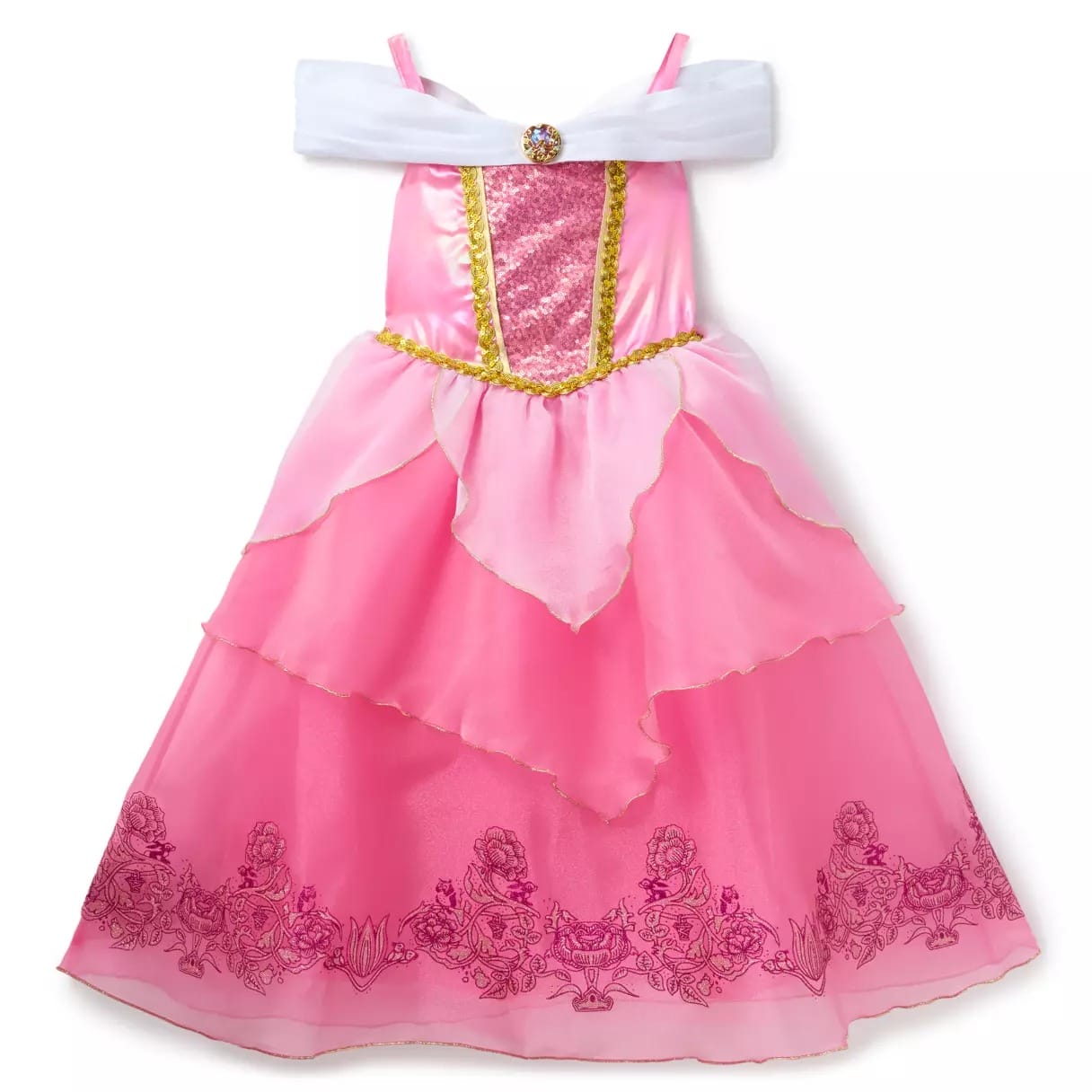Child's pink princess dress with gold trim, floral details—perfect for Disney Costumes or Halloween Costumes.