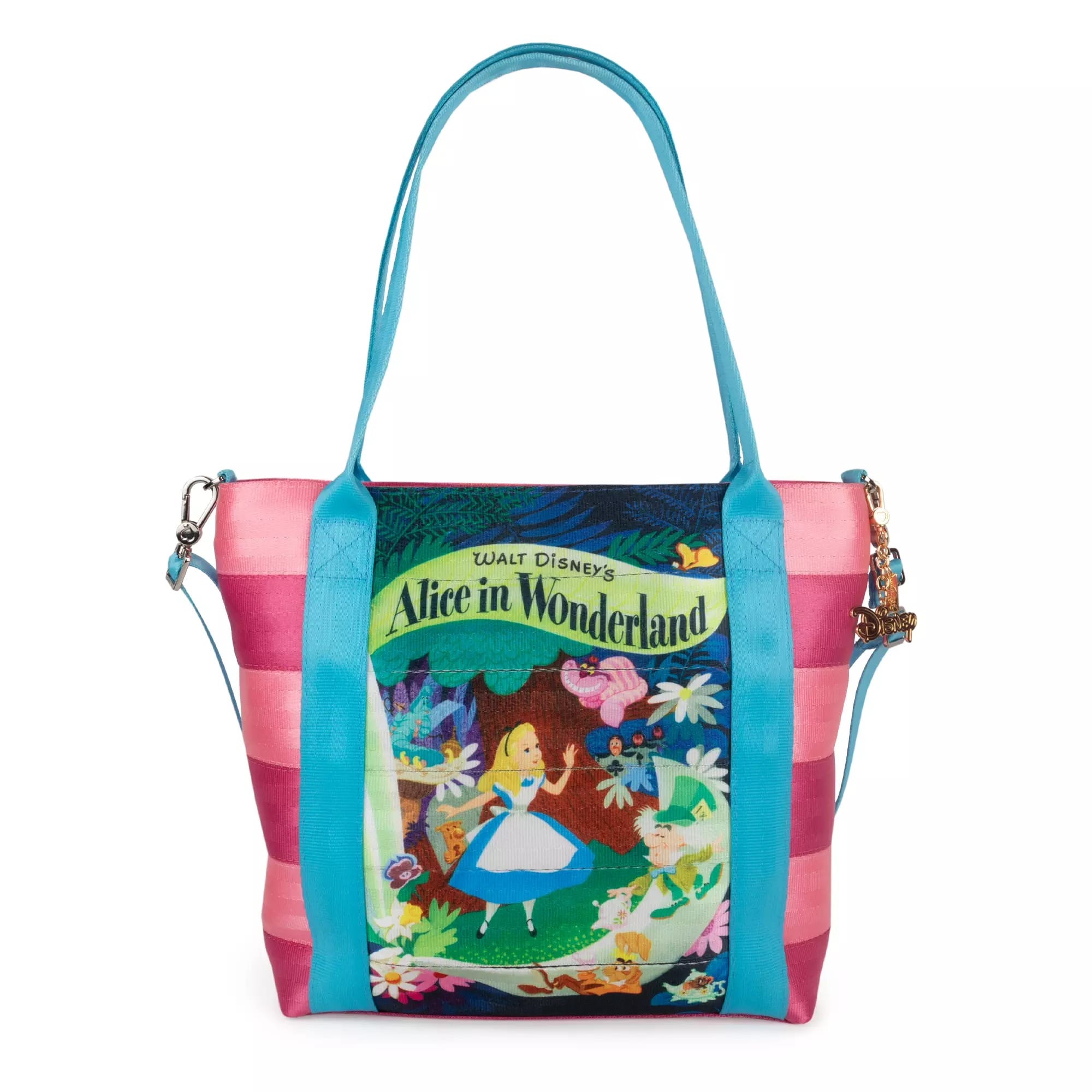 Colorful Alice in Wonderland bag with blue handles, featuring Alice and White Rabbit in a vibrant garden scene.
