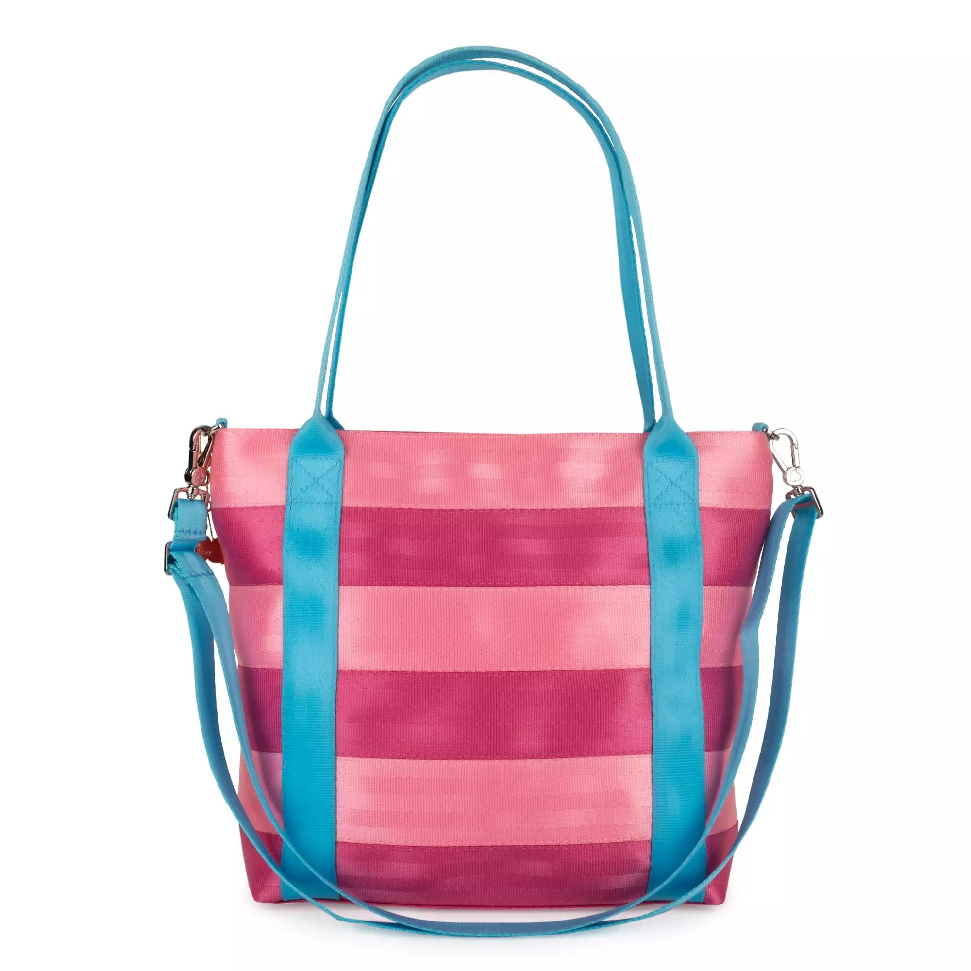 Pink and magenta striped tote bag with bright blue handles, inspired by Harveys Alice in Wonderland Bags.