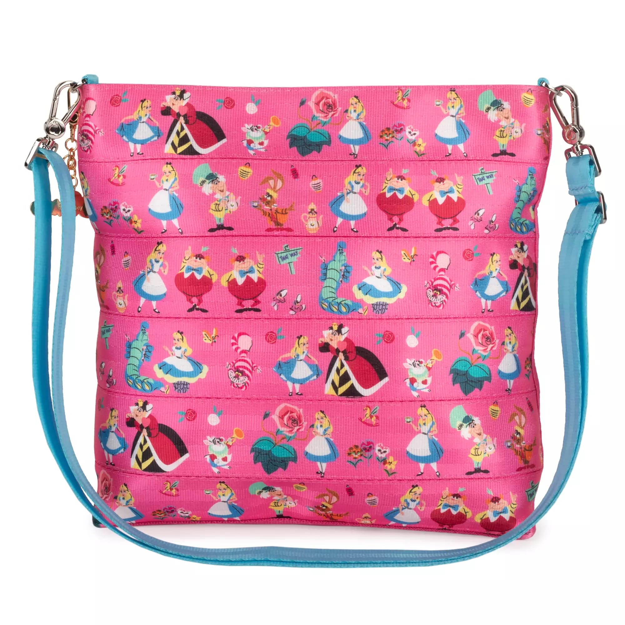 Bright pink purse with blue strap, featuring Harveys Alice in Wonderland characters and roses in a repeated pattern.