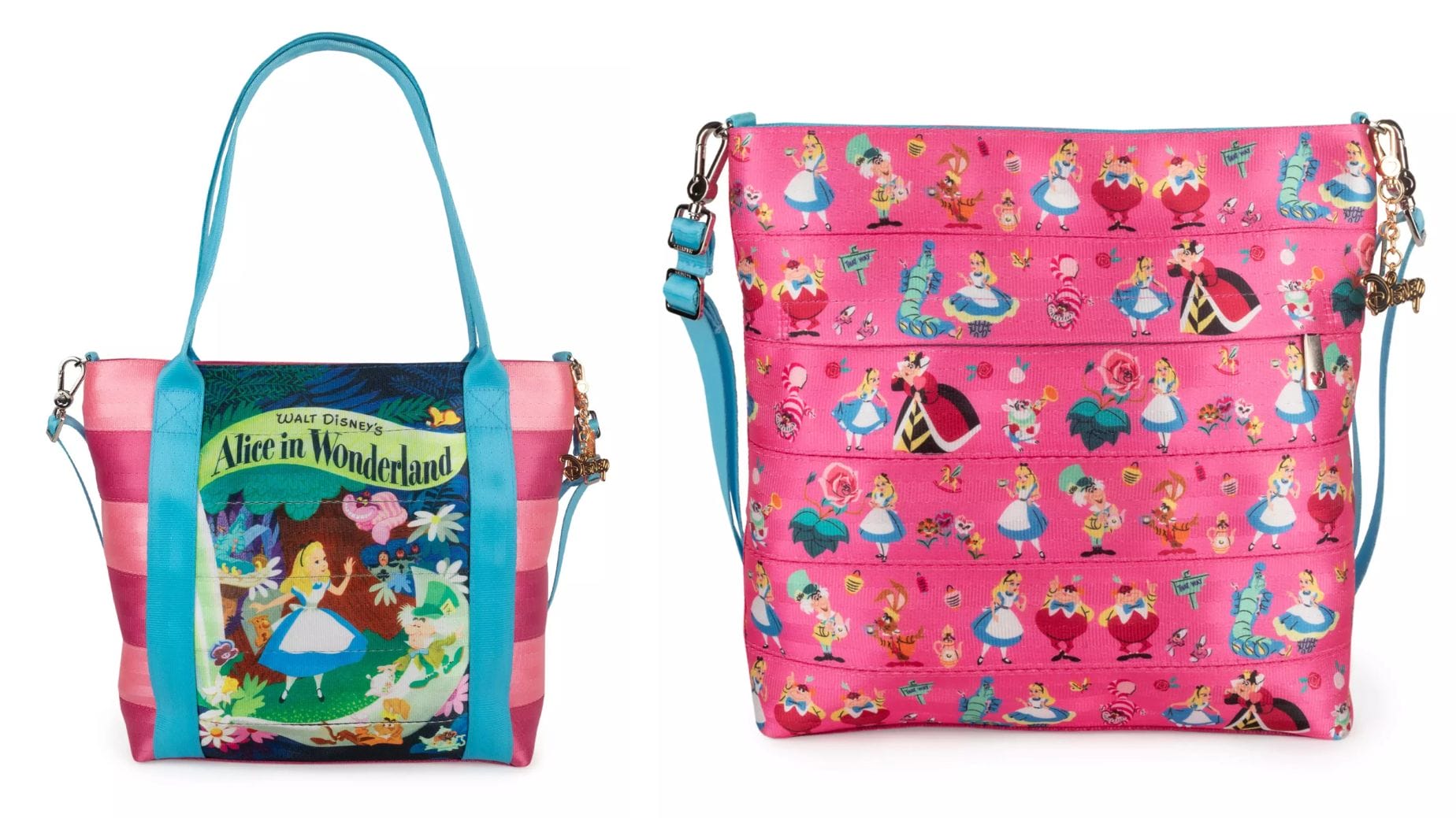Two Alice in Wonderland bags—one with a book cover design, one with a pink character pattern—at Disney Store.
