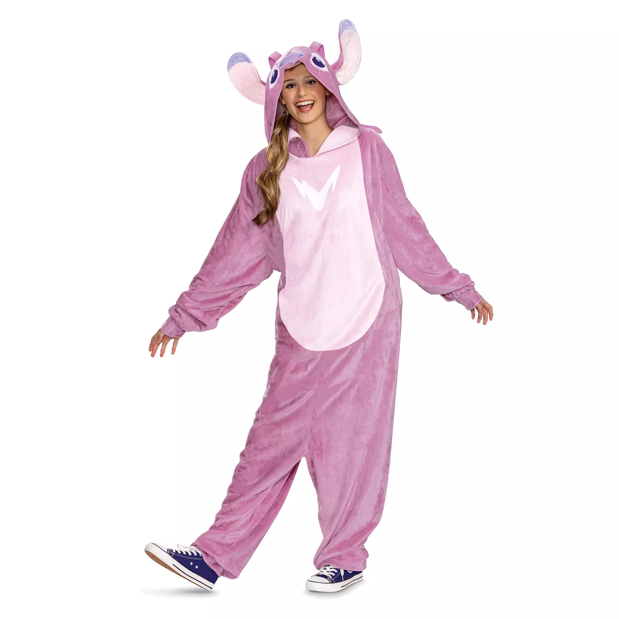 Person smiling in a pink plush onesie with large ears and a hood, perfect for Halloween costumes or Disney Store fans.
