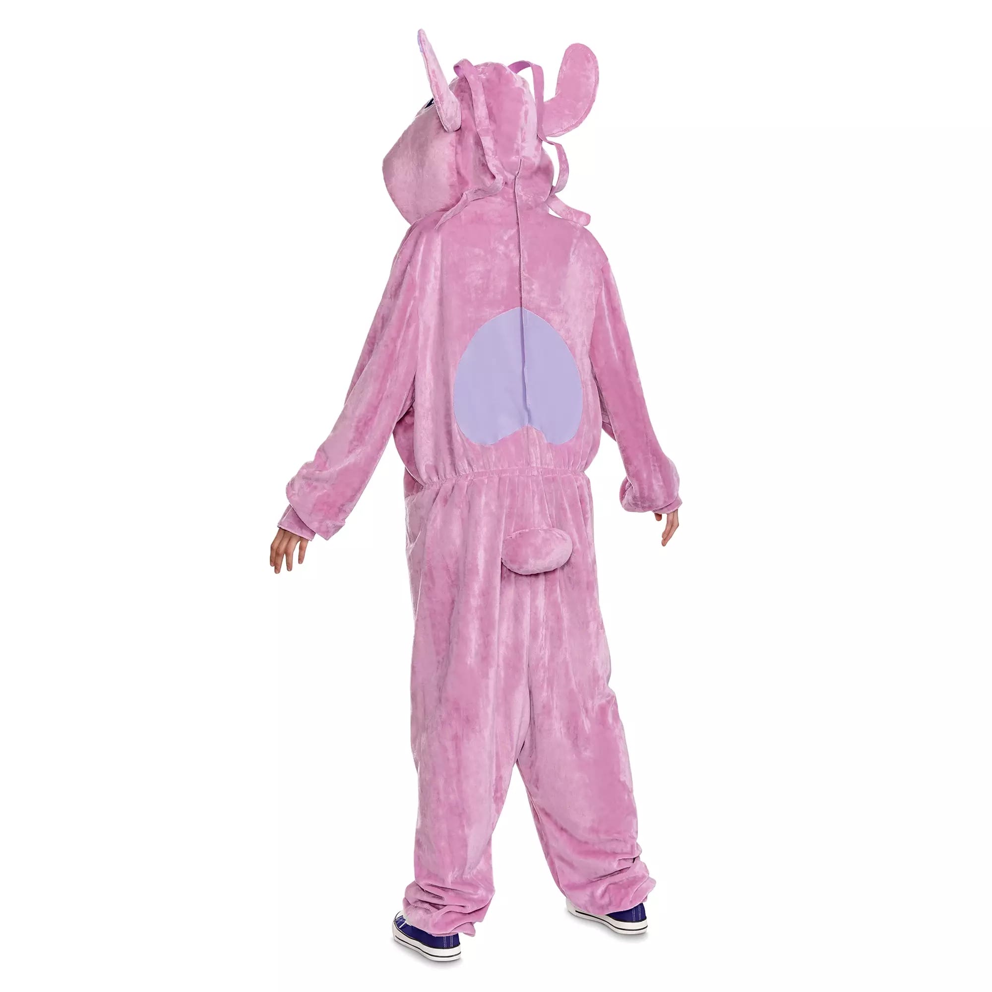 Person in a pink plush animal costume from the Disney Store, with purple patch and tail, back facing the camera.