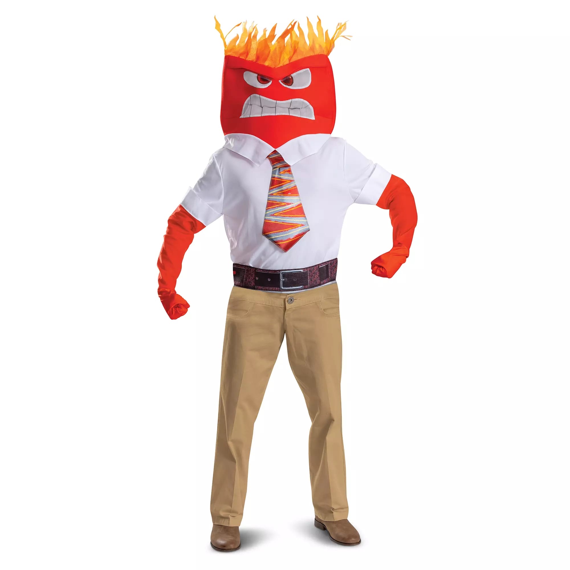 Person in an Anger character costume from Inside Out, perfect for Halloween costumes, with a red face, fiery hair, and tie.
