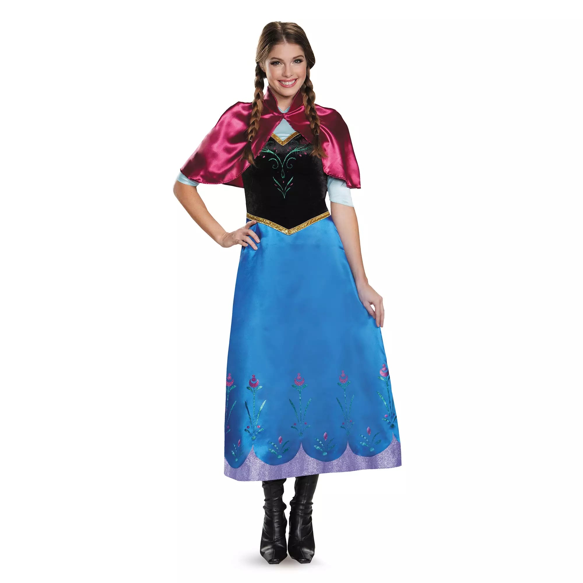 Woman in a blue and black dress with a red cape, styled as Frozen’s Elsa—perfect for Disney Store Halloween costumes.
