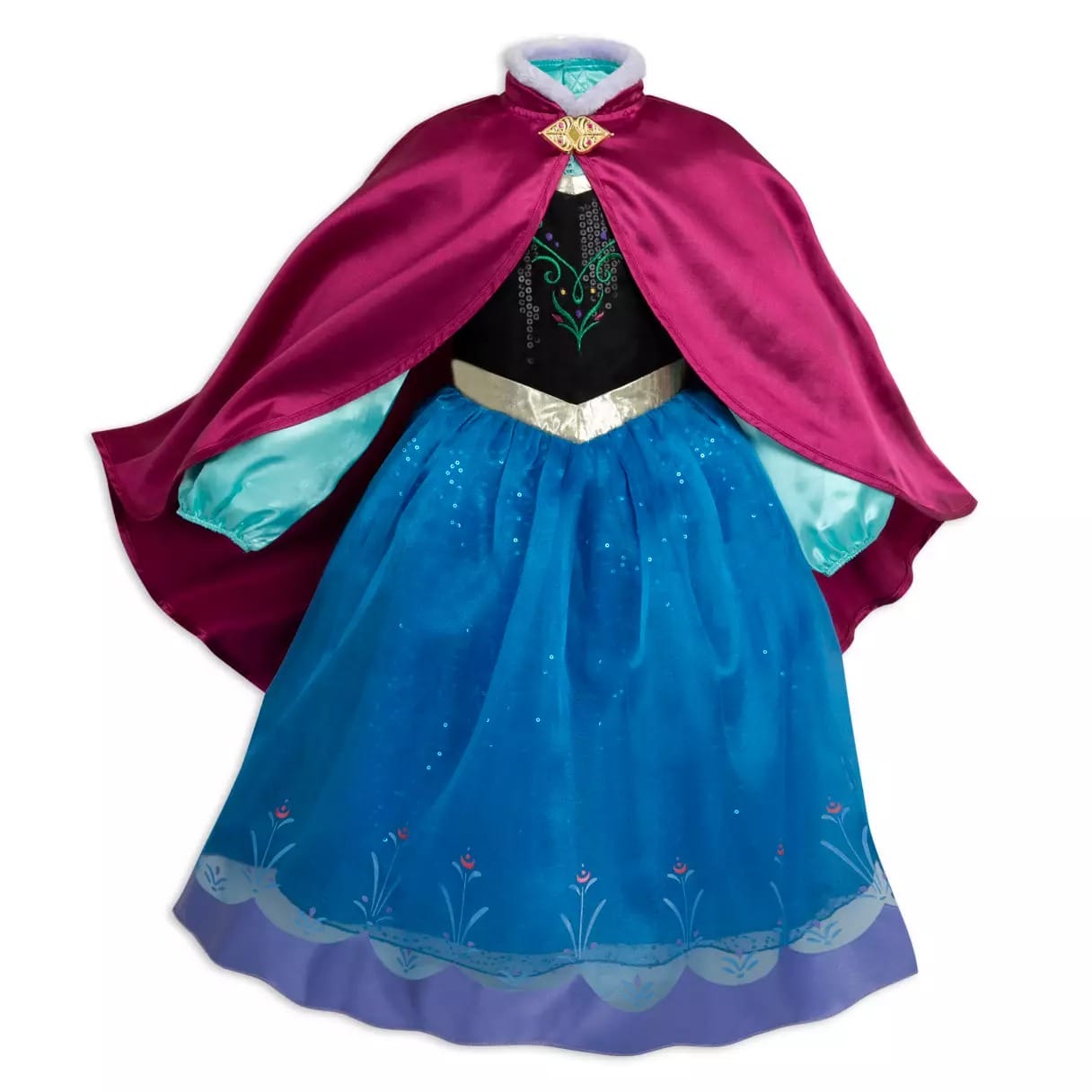 Blue and purple Disney Store princess dress with magenta cape, light blue sleeves, and floral skirt—perfect for Halloween costumes.