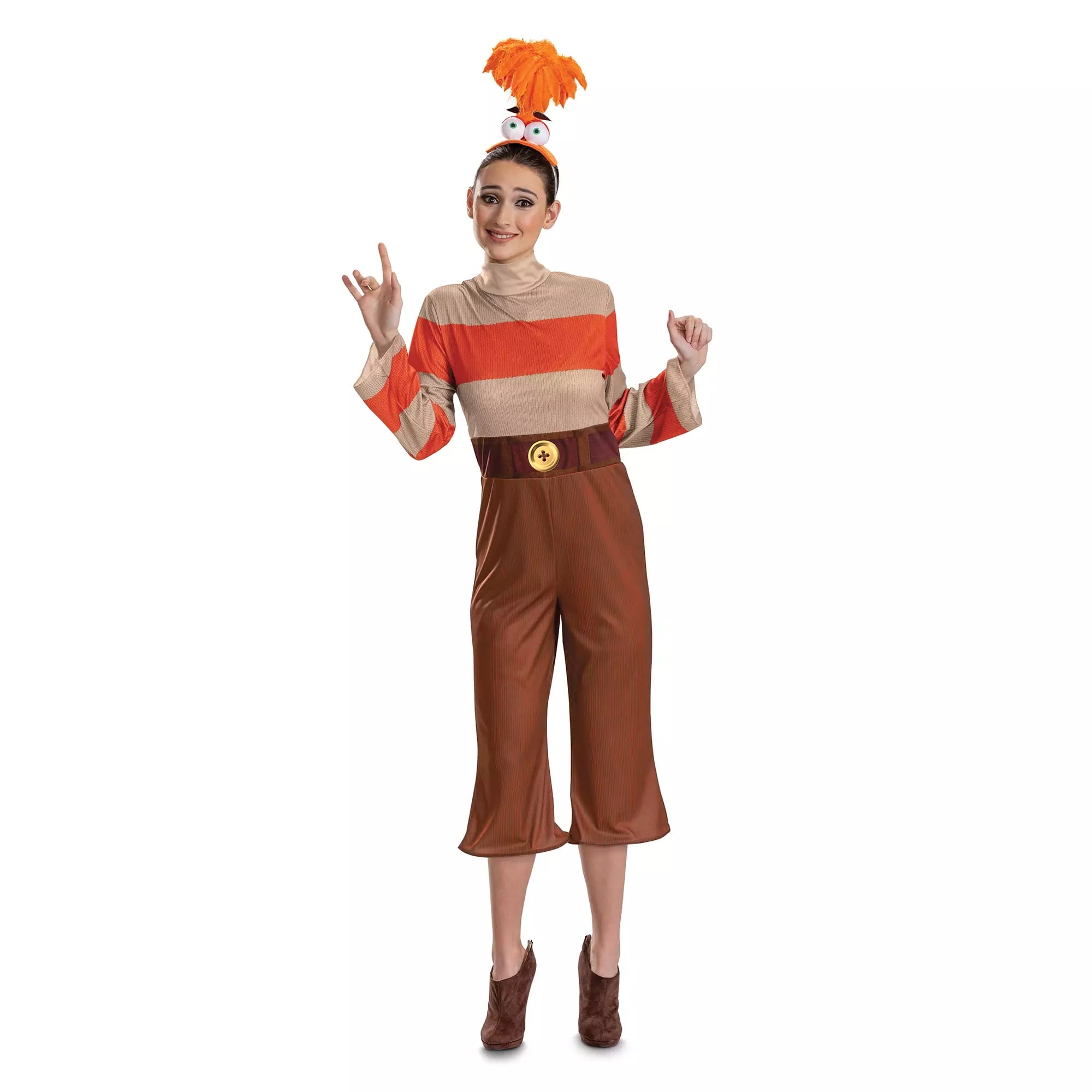 Woman in a brown and orange Halloween costume with headband, signing "I love you.