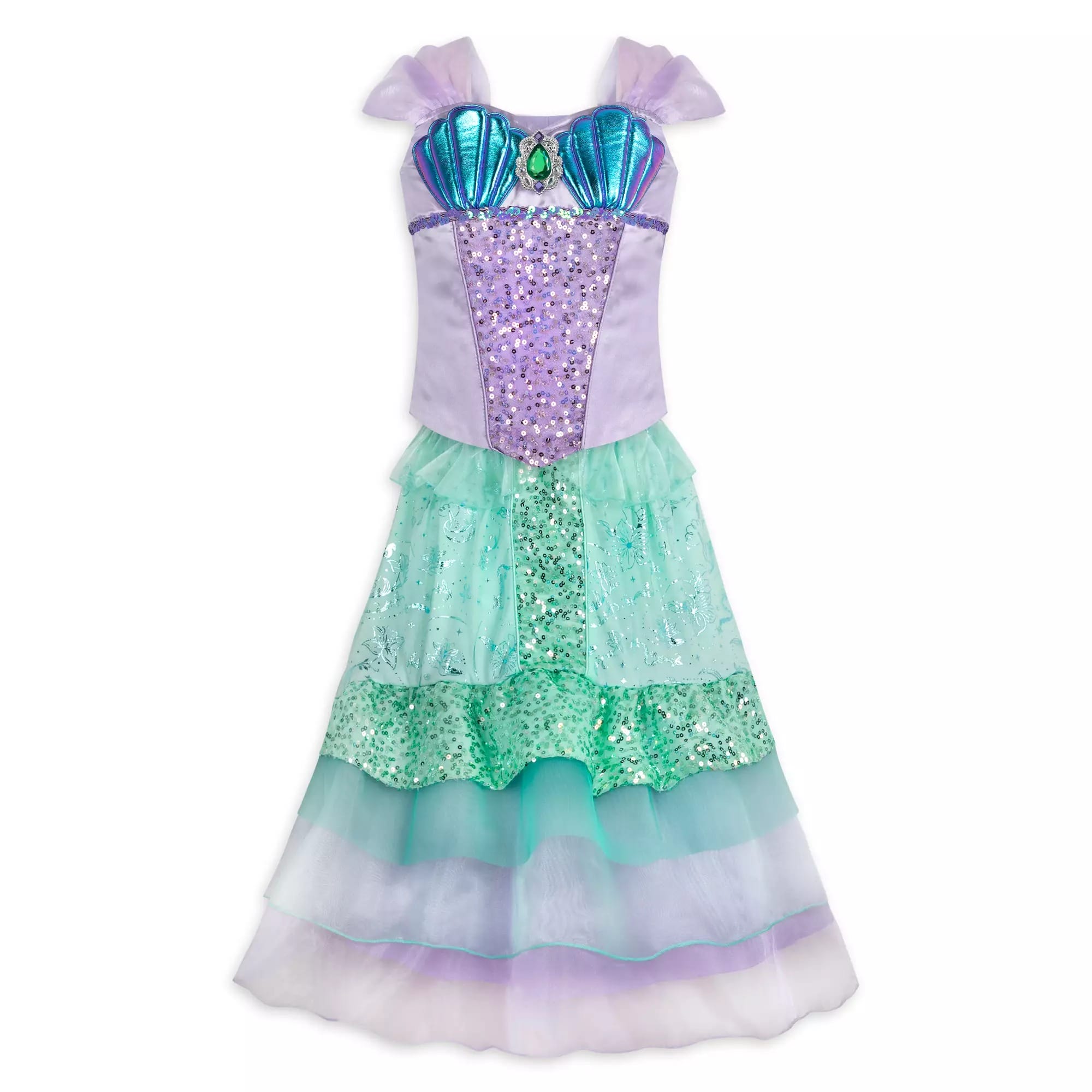 Purple and green mermaid-inspired princess dress from Disney Store, perfect for Halloween costumes and Ariel fans.