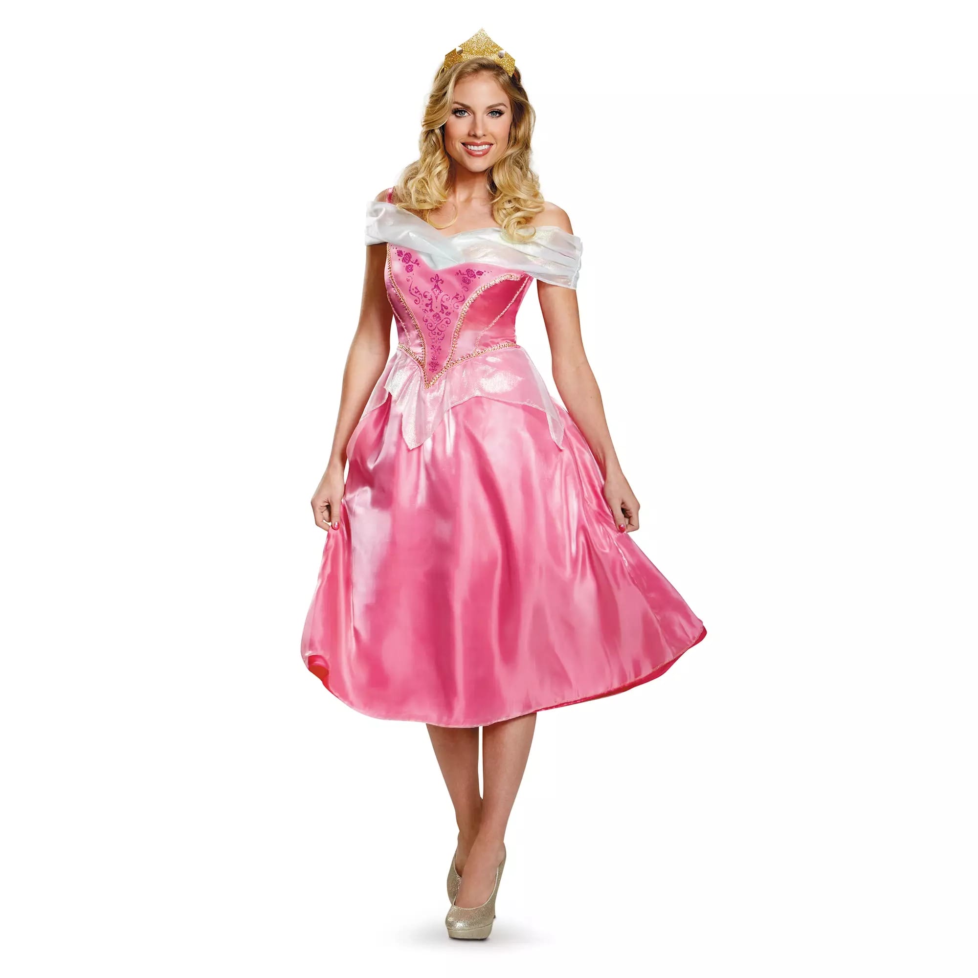 Woman in a pink princess dress and gold crown, smiling—perfect for Disney Costumes or Halloween Costumes.