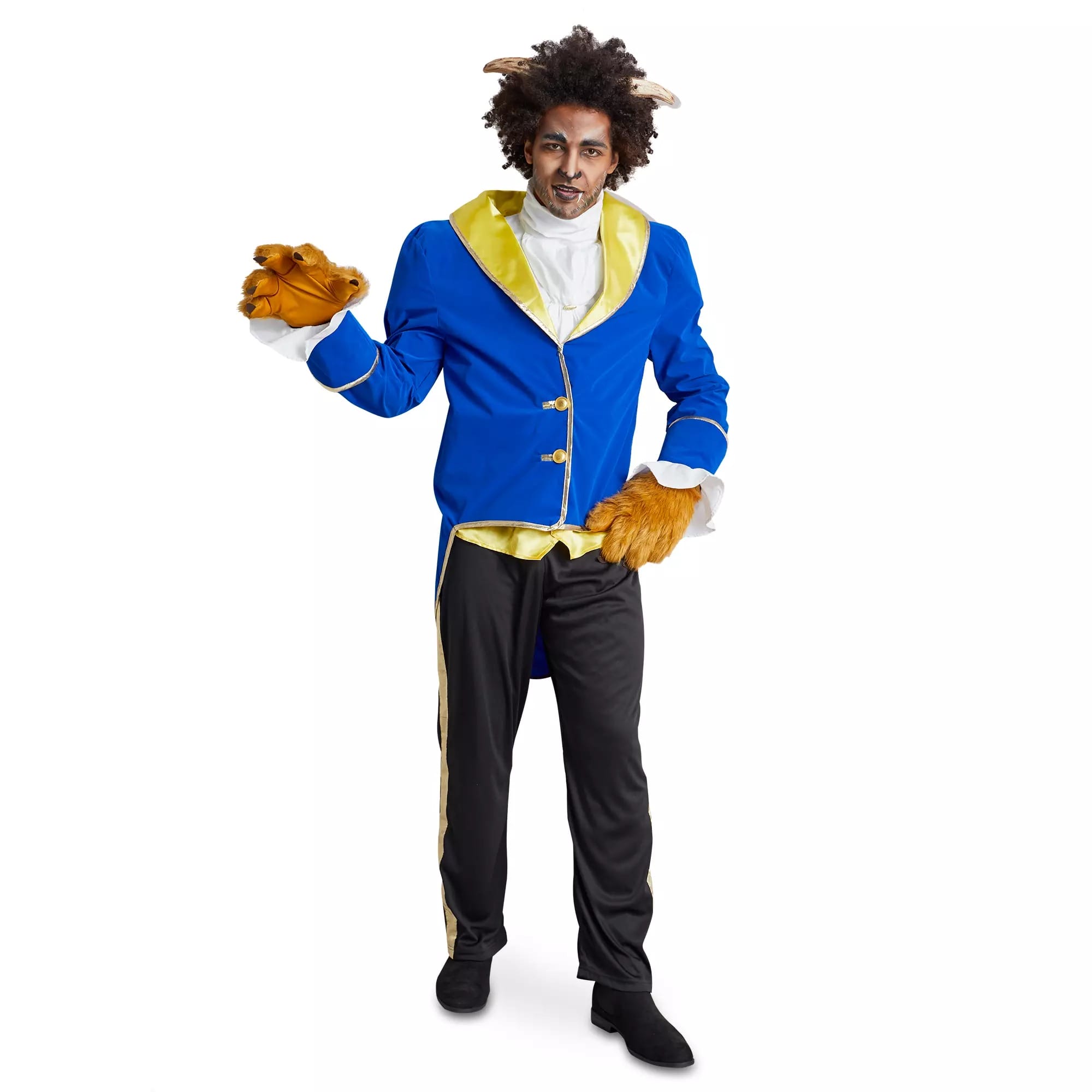 Person in a blue and gold suit, brown furry gloves, & horns dressed as the Beast from Disney Store Halloween costumes.