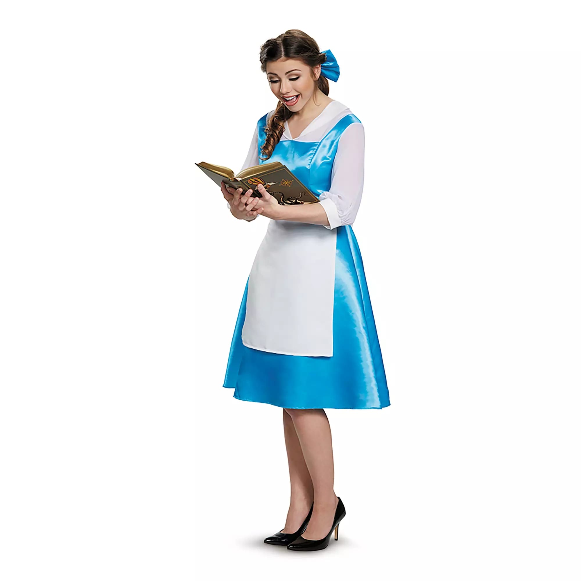 Woman in a blue dress with white apron and bow, smiling while reading—perfect for Halloween costumes or Disney Store fans.