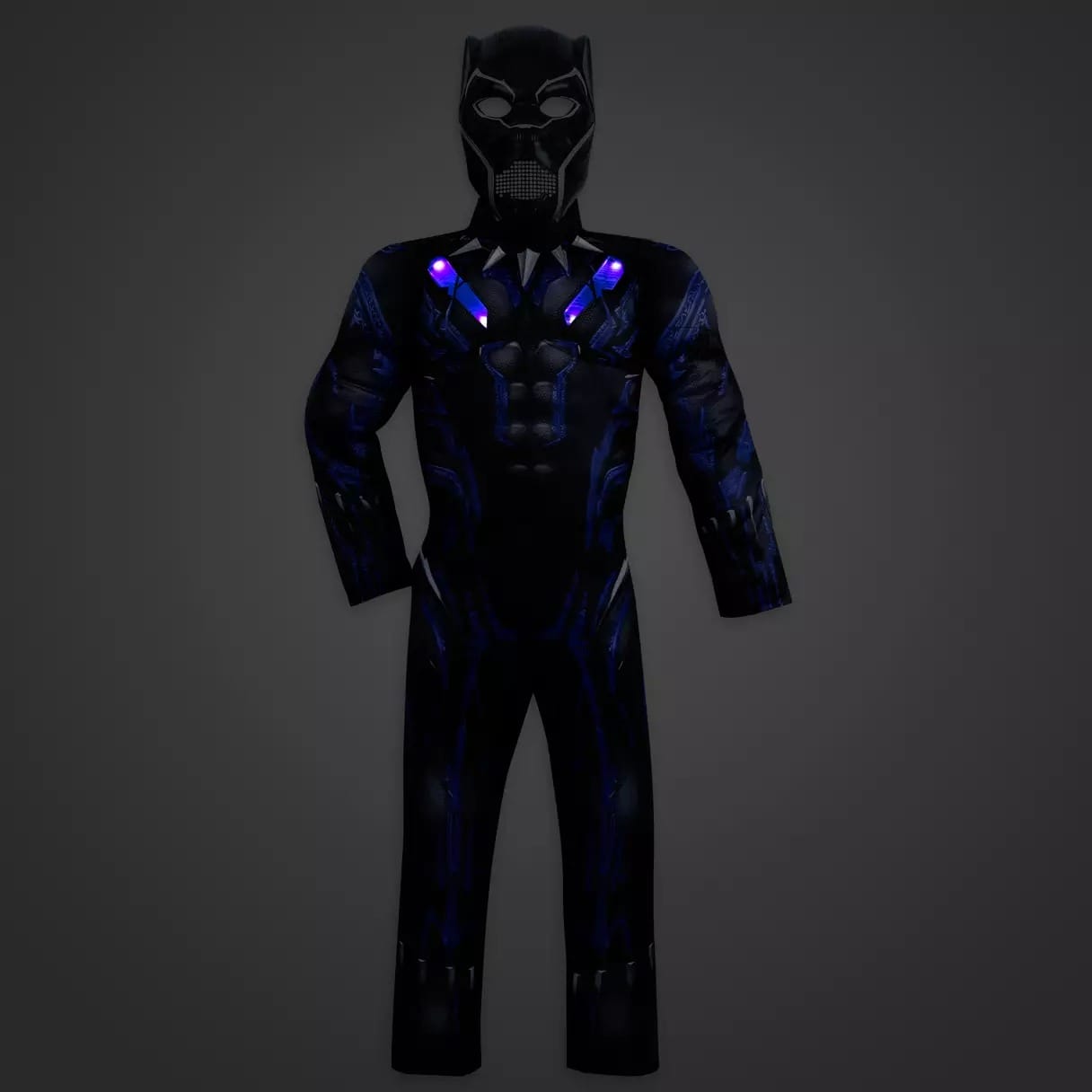 A black superhero costume with a panther mask and glowing accents, perfect for Halloween costumes or the Disney Store.