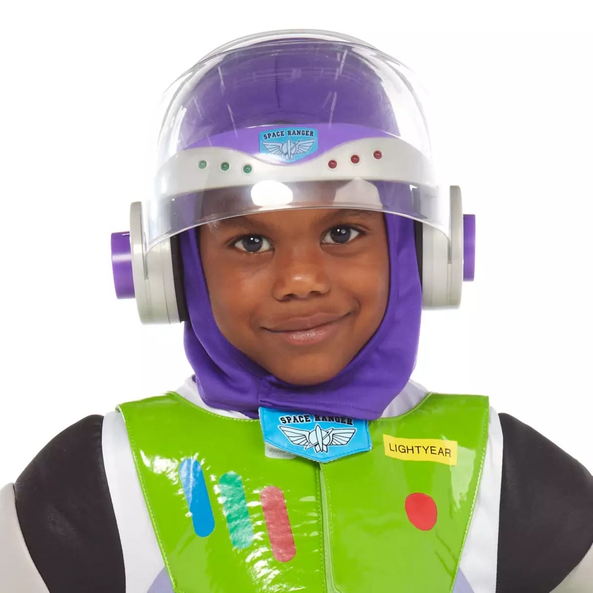 Child smiling in a Buzz Lightyear costume from the Disney Store—perfect for Disney Halloween or fun Halloween costumes!