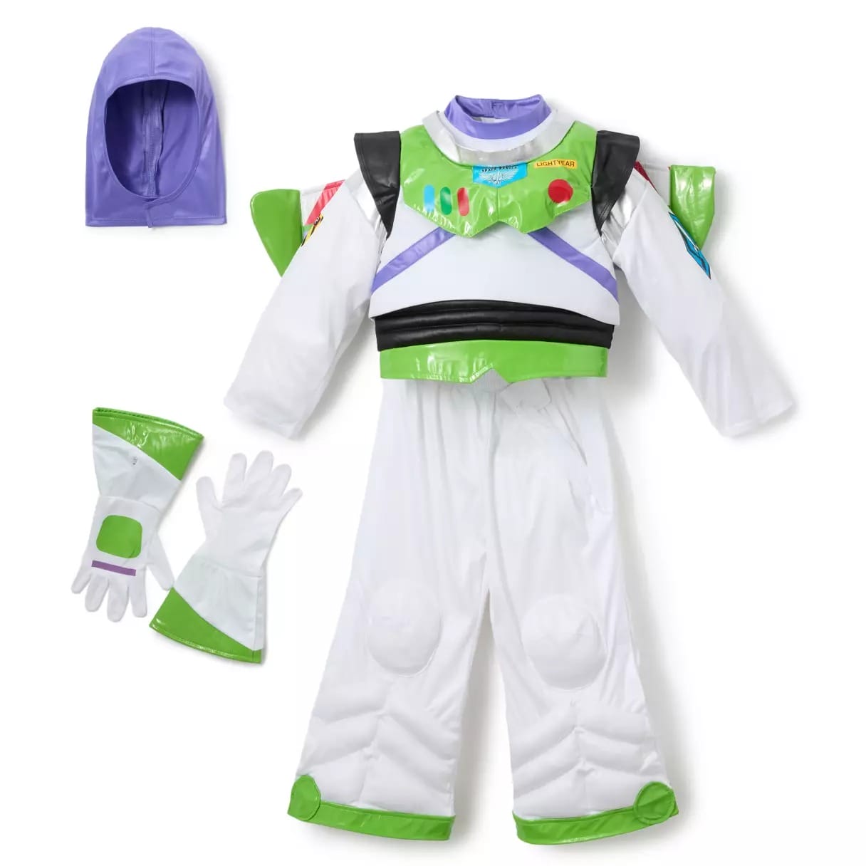 Children’s Buzz Lightyear costume with jumpsuit, gloves, and a purple hood—perfect for Disney costumes or Halloween fun.