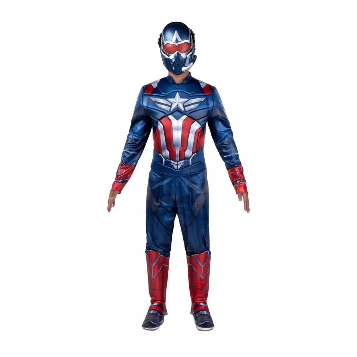 Person in a blue, red, and white superhero costume from the Disney Store—perfect for Halloween costumes.