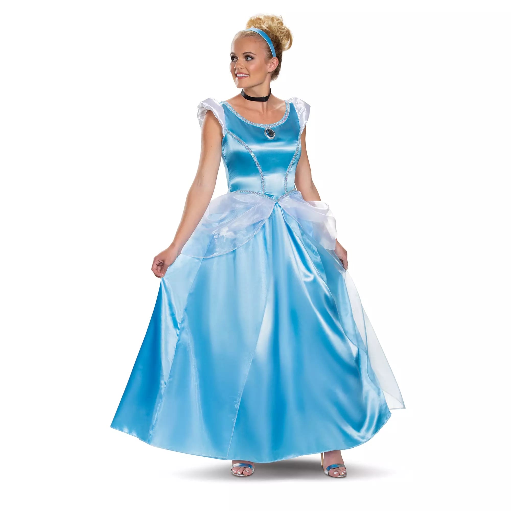 Woman wearing a light blue Cinderella dress from the Disney Store, smiling and posing in a classic Halloween costume.