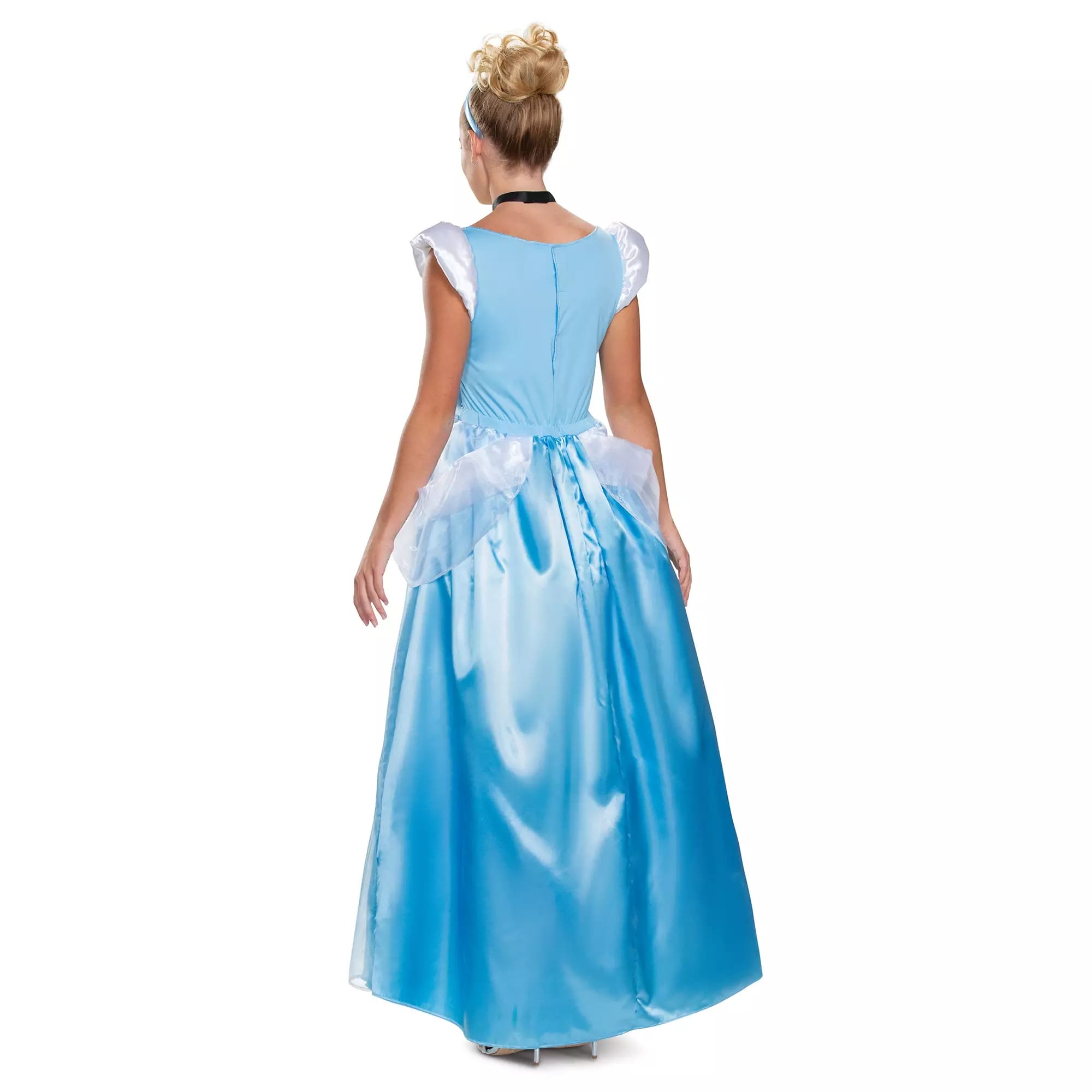 Person wearing a shiny blue princess dress from the Disney Store, viewed from the back against a plain white background.