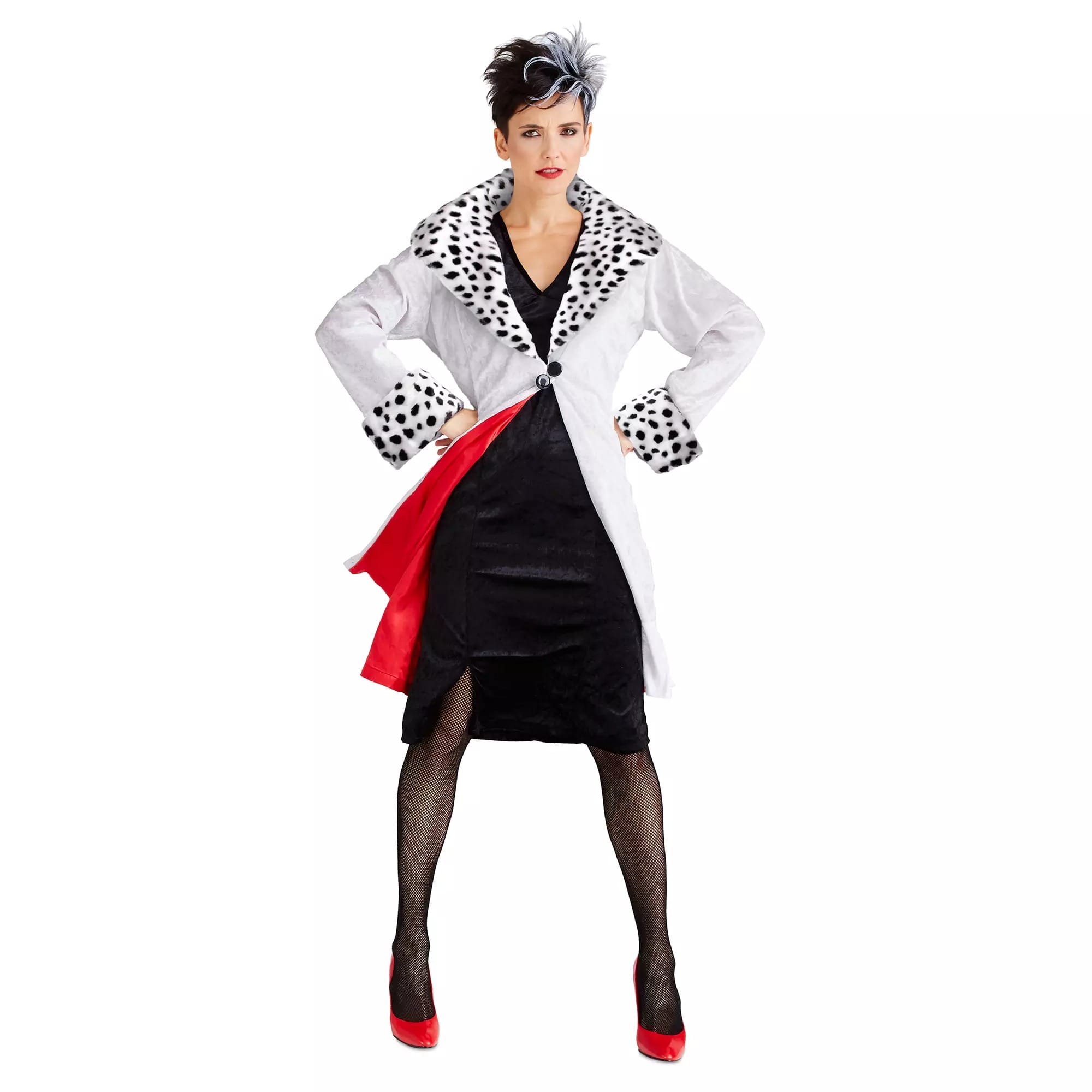 Woman in a black dress, spotted fur coat, and red heels—perfect inspiration for Disney Store Halloween costumes.