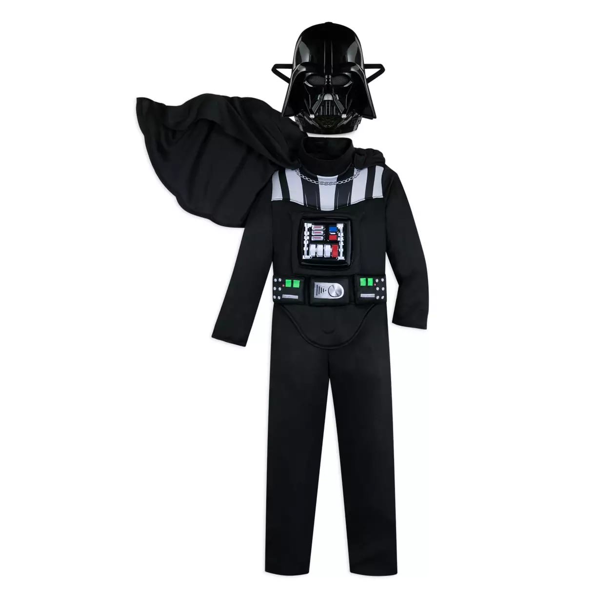 Child-sized Darth Vader Disney Costume with jumpsuit, cape, chest panel & helmet mask—perfect for Halloween Costumes.