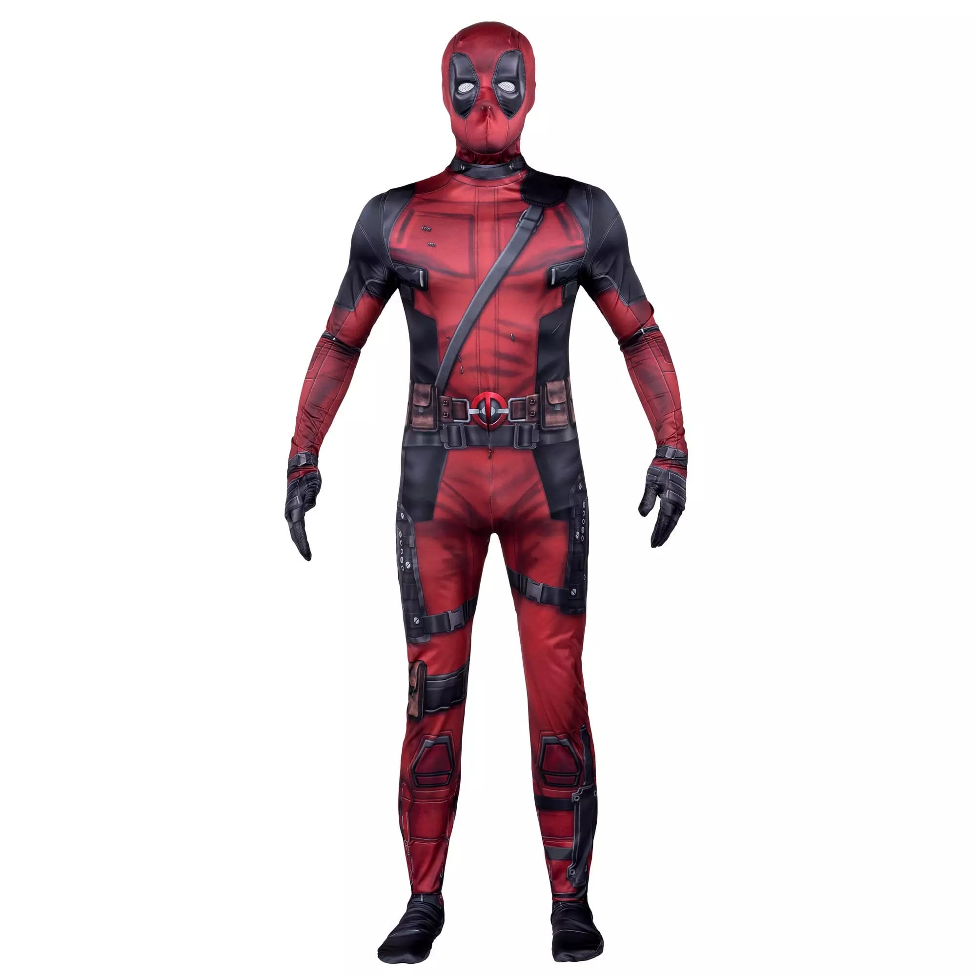 Person wearing a red and black superhero costume resembling Deadpool, perfect for Halloween costumes from the Disney Store.