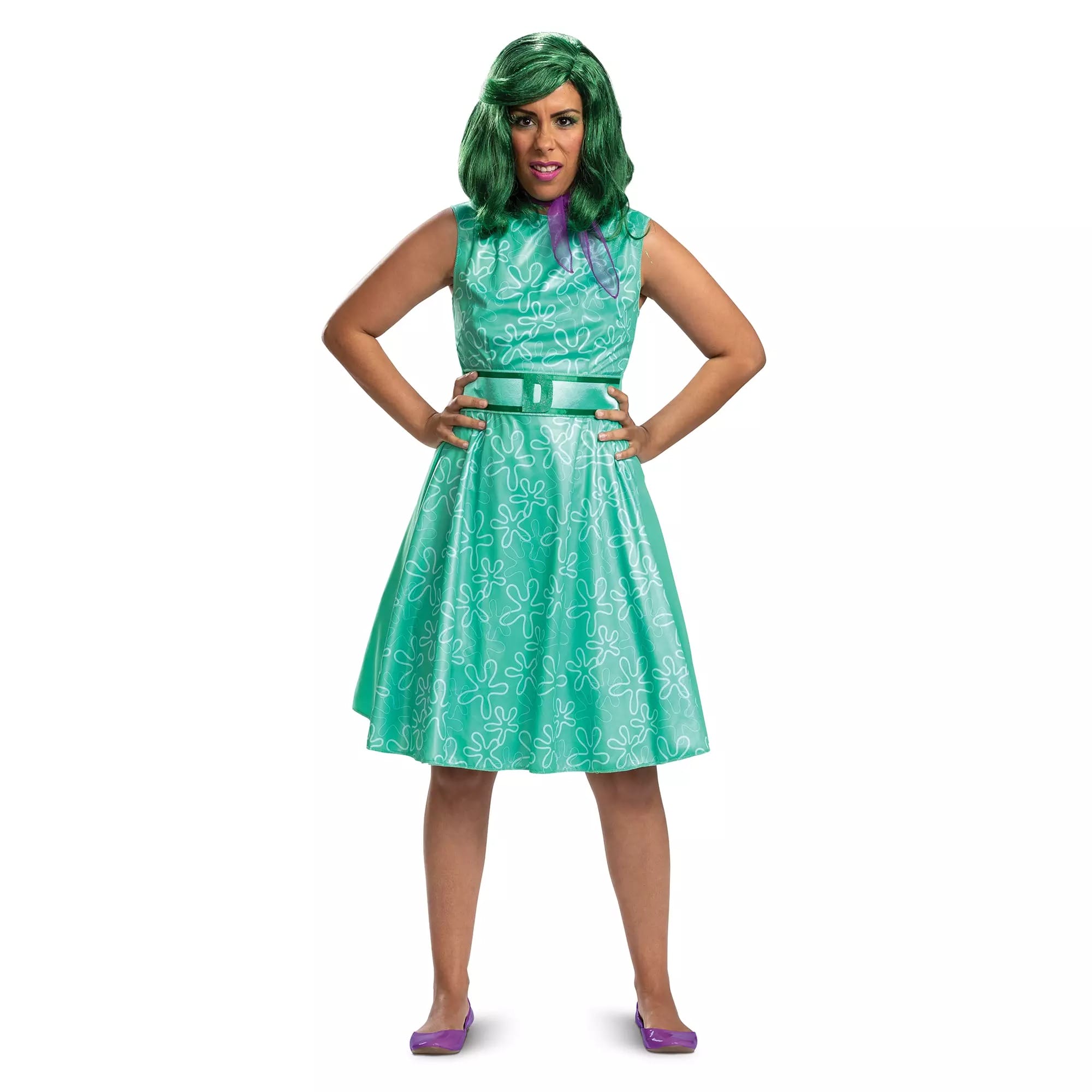 Woman in a green wig and teal dress, hands on hips—perfect for bold Halloween costumes or Disney Store-inspired looks.