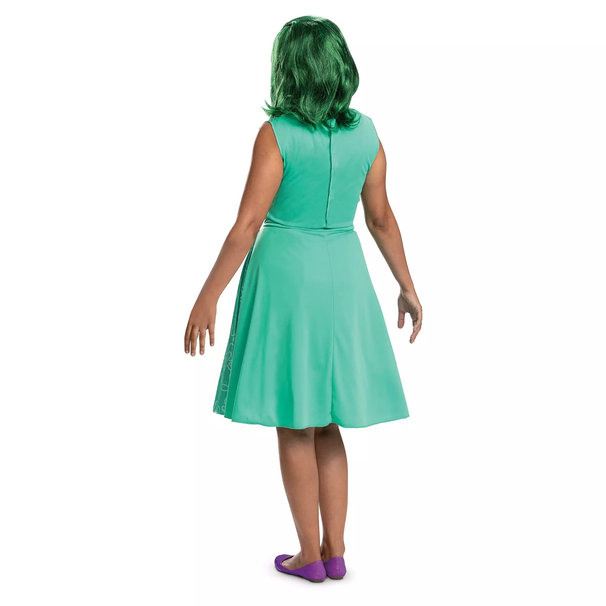 Person with green hair in a sleeveless green dress and purple shoes, like a Disney Store Halloween costume, facing away.