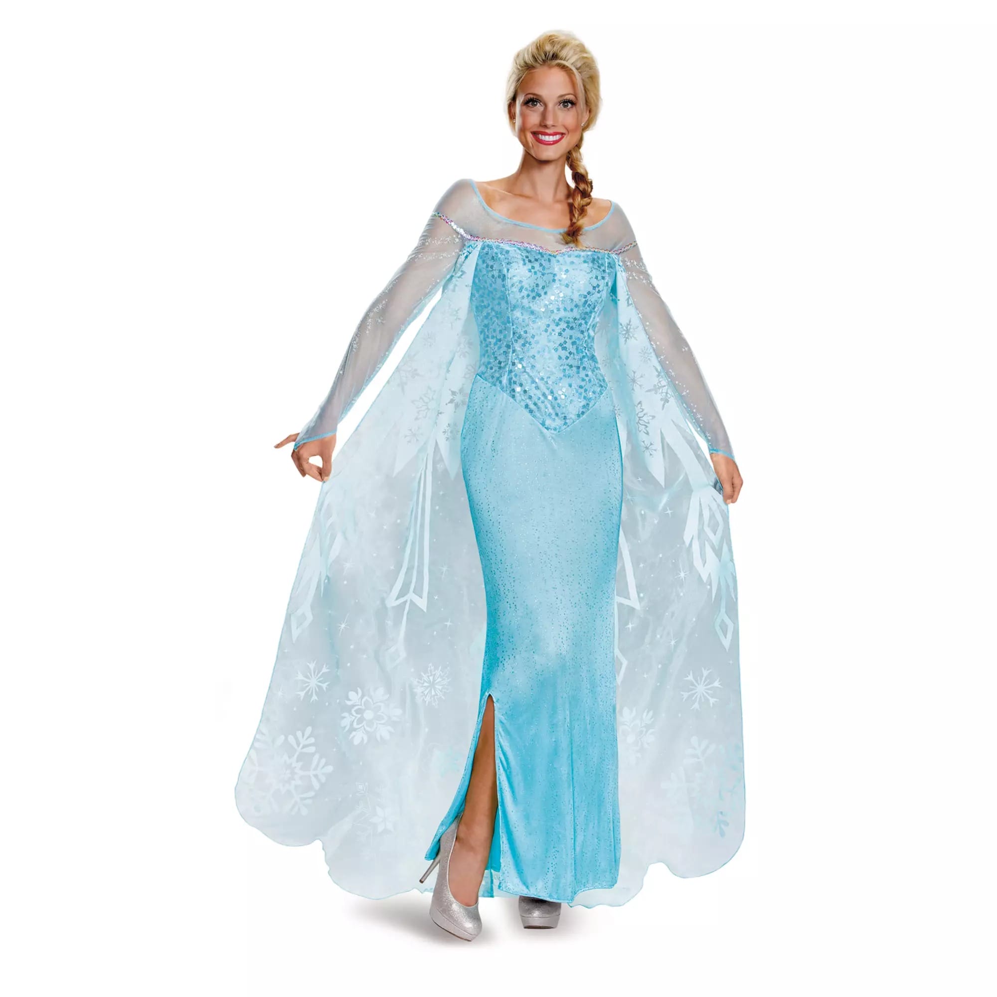 Woman in a sparkly blue "Elsa" dress from the Disney Store, smiling and showing off her cape—perfect for Halloween costumes.