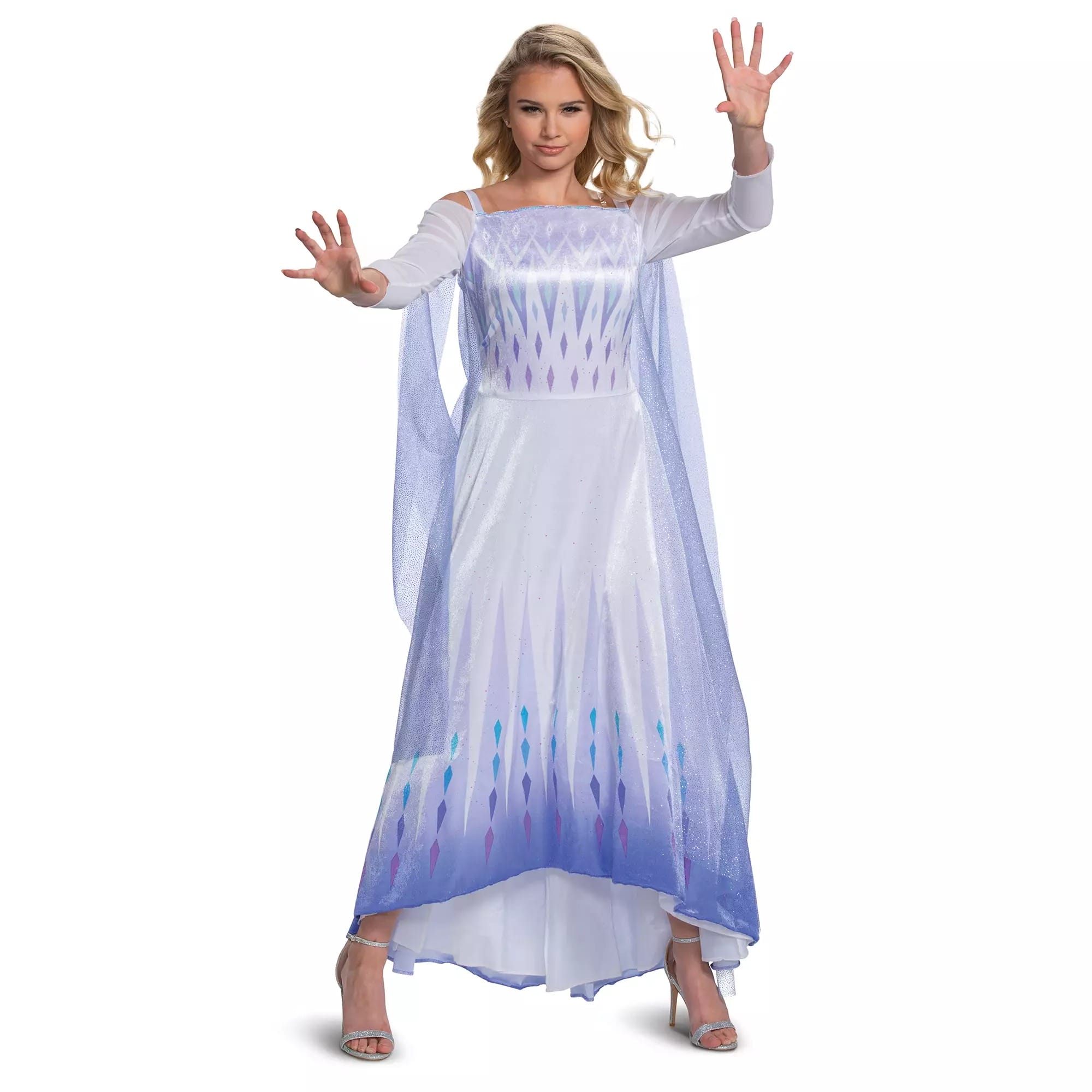 Woman in a long, icy blue dress poses with arms raised, channeling Disney Store magic for Halloween costumes.