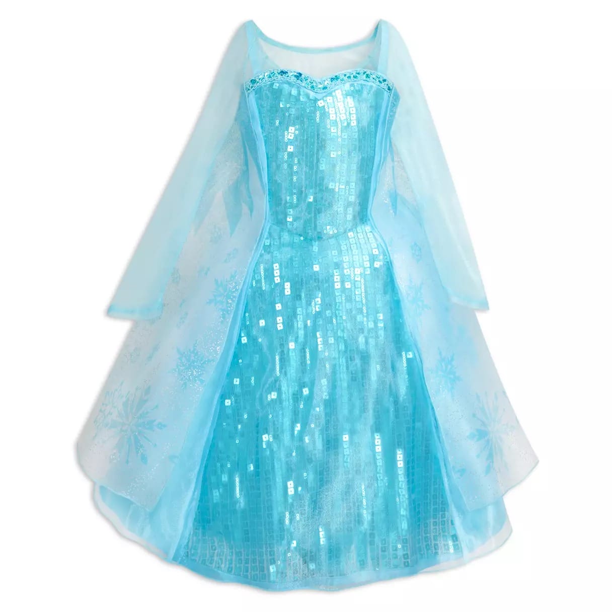 A sparkly blue princess dress with sheer sleeves and snowflake patterns, perfect for Disney Costumes.