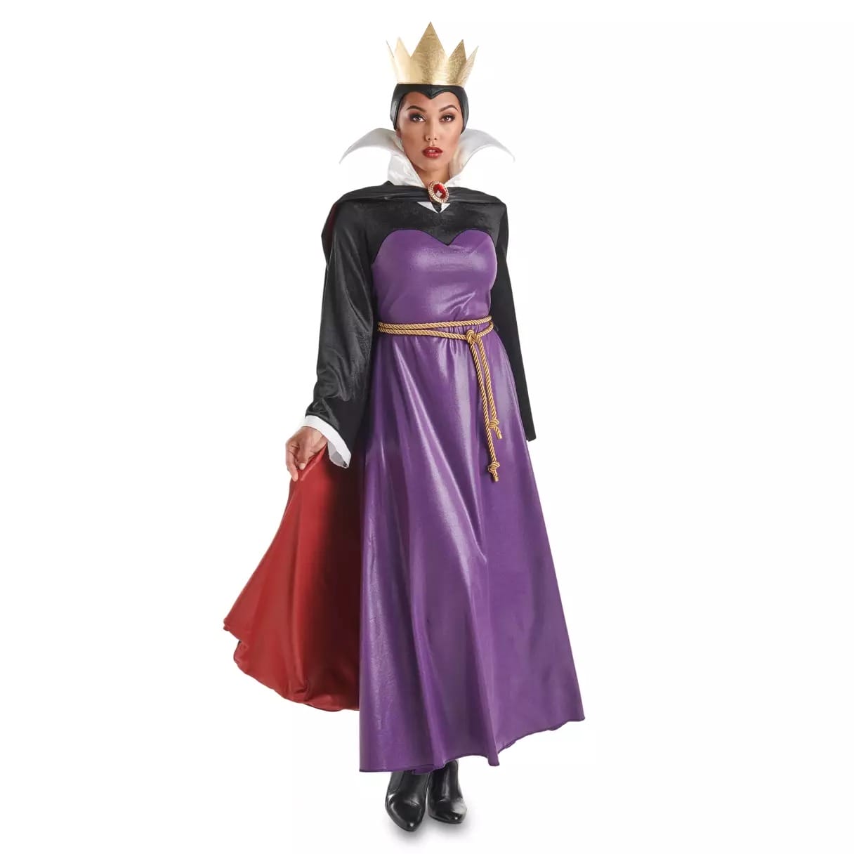 Woman in a purple gown and gold crown channels the Evil Queen—perfect for Disney Store Halloween costumes.